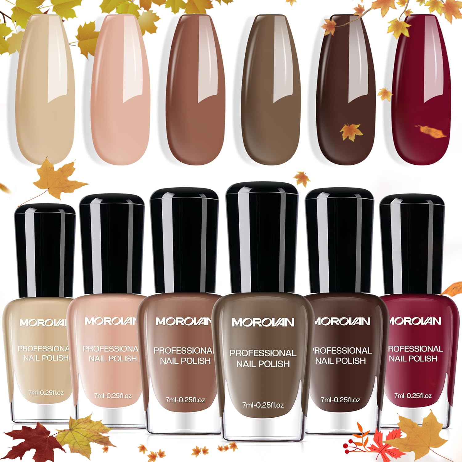 Morovan Brown Nail Polish Set: Fall Nude Dark Chocolate Nail Polish Kit Regular Air Quick Dry Autumn Fingernail Polish Pack for Women Nail Art Design Gift Holiday Party