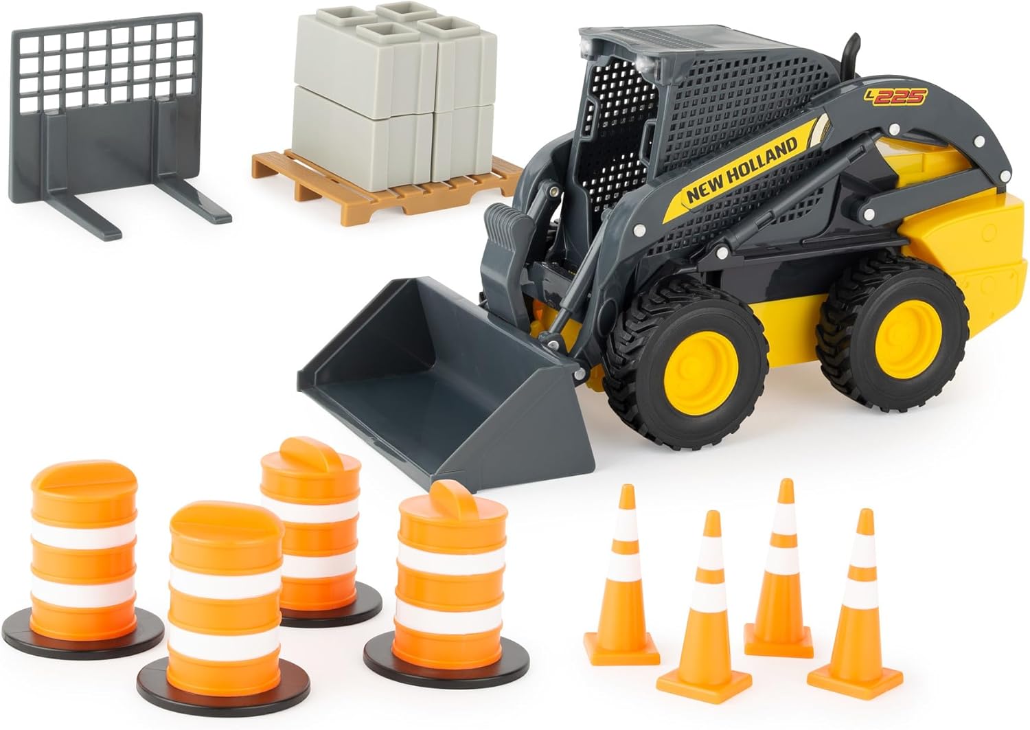 Big Farm New Holland Construction Skid Steer Toy - 1:16 Scale - Includes Barrels, Cones, and Blocks - Construction Toys - Toddler Toys Ages 3 Years and Up