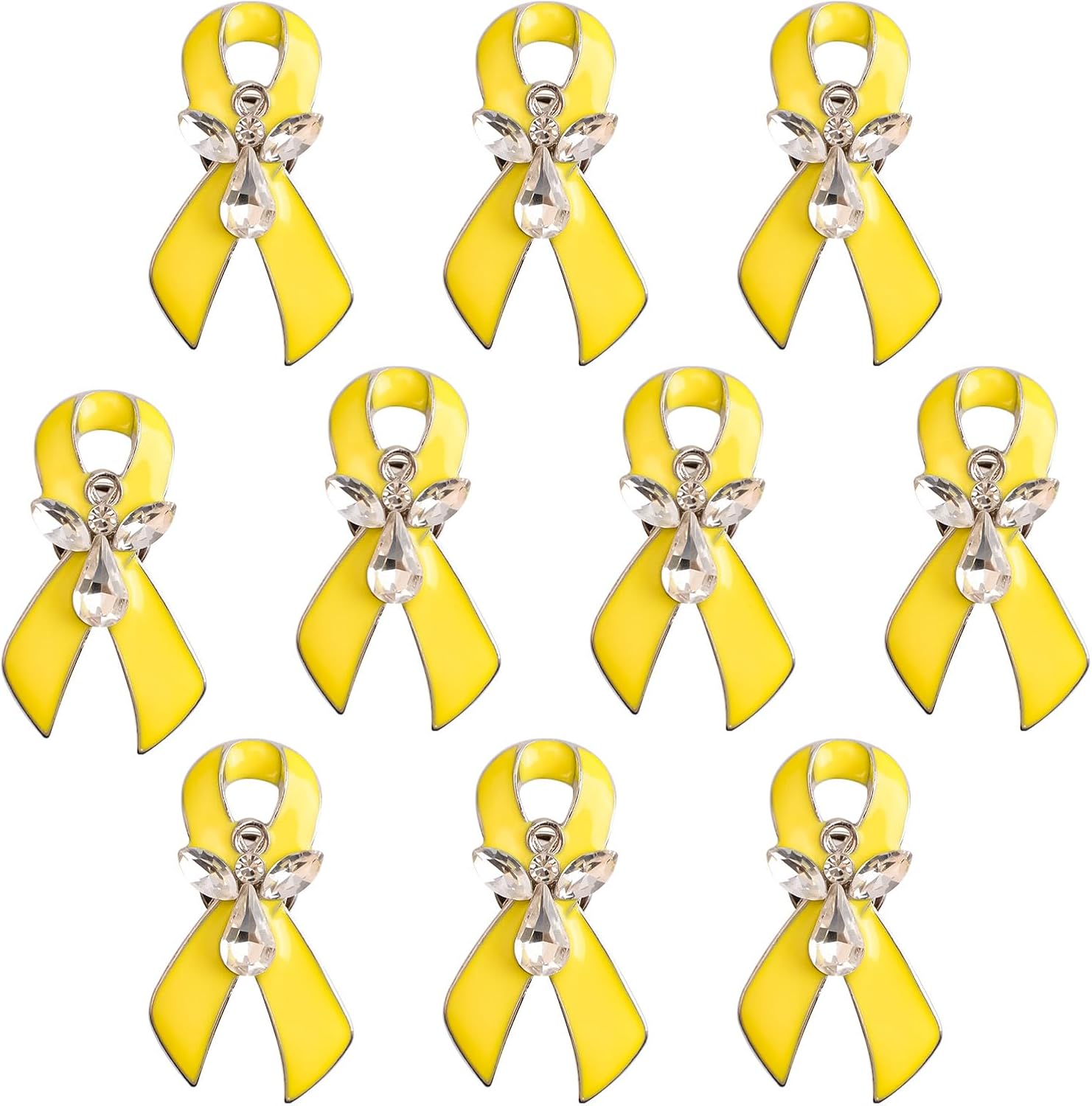 WANDIC 10Pcs Yellow Ribbon Pins, Angel Designed Metal Brooches with Diamond for Bladder Cancer Childhood Cancer Bone Cancer Awareness