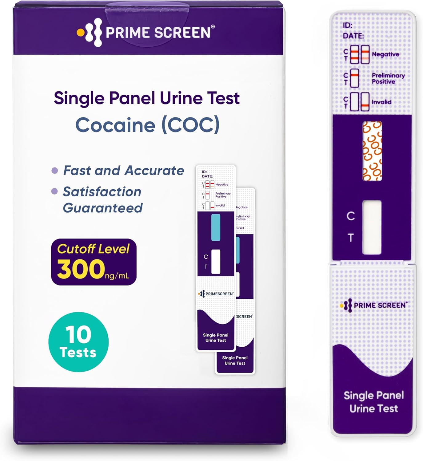 Prime Screen Cocaine Urine Test Card - Detect COC in Urine with 300 ng/mL Cutoff Level - Single Panel Drug Test Kit - 10 Pack