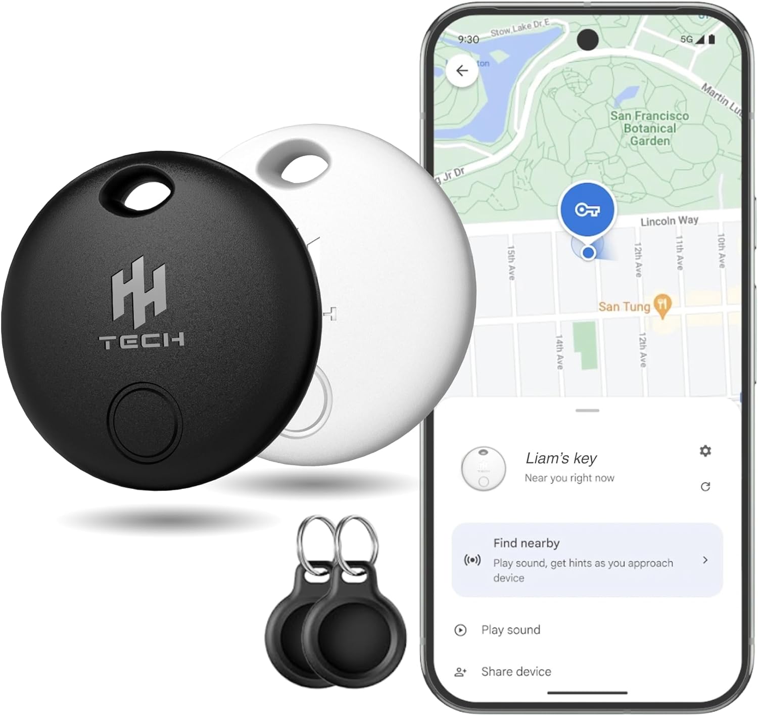 HH-Tech Android Tracker Tag (Pack-2 Black+White Android only) Works with Google Find My, Find Hub, Smart Tag Tracker, Item Finder, Easily Track Your Keys, Wallet, Bag, Suitcase, and More