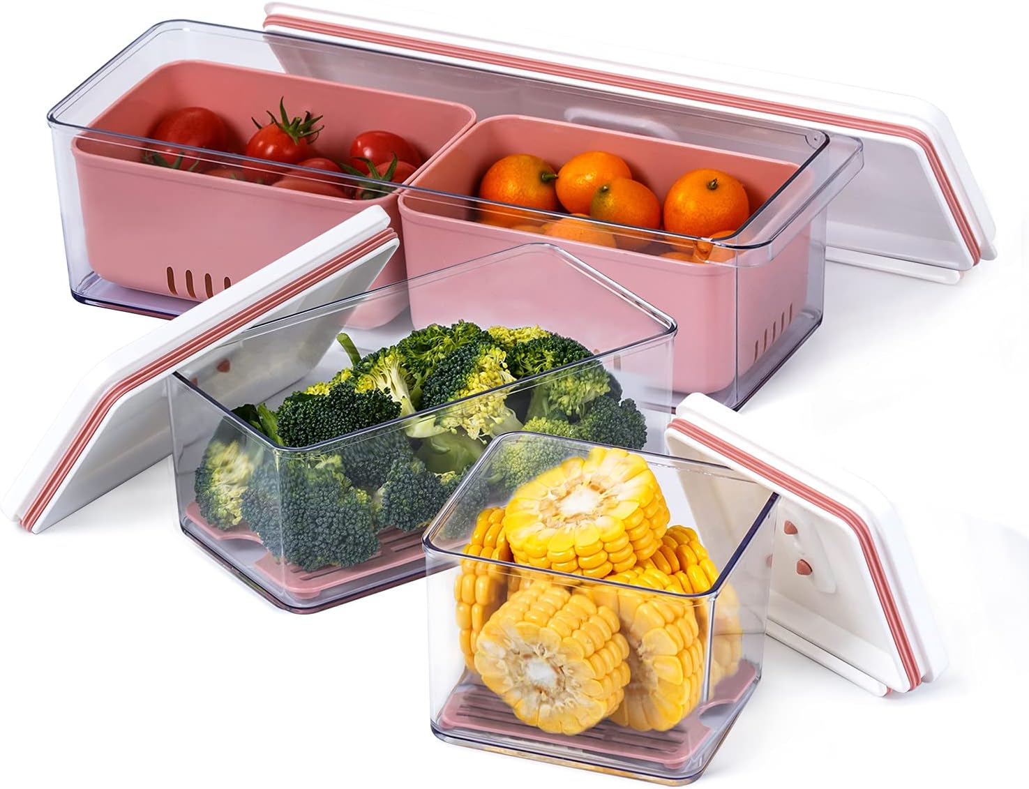 Lille Home Stackable Produce Saver, Organizer Bins/Storage Containers with Removable Drain Tray, Set of Three, for Refrigerators, Cabinets, Countertops and Pantry, BPA Free (Pink,Set of Three)