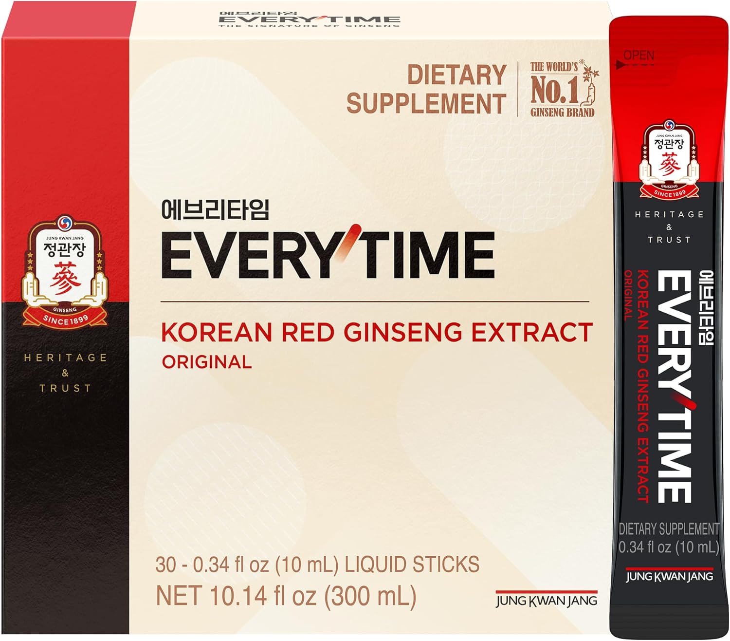 Everytime Korean Red Ginseng Extract Stick 3,000mg Original - Adaptogen Energy Drink Liquid Stick Supplements - Energy Boost & Immune Support, Caffein Free (30 Sticks)