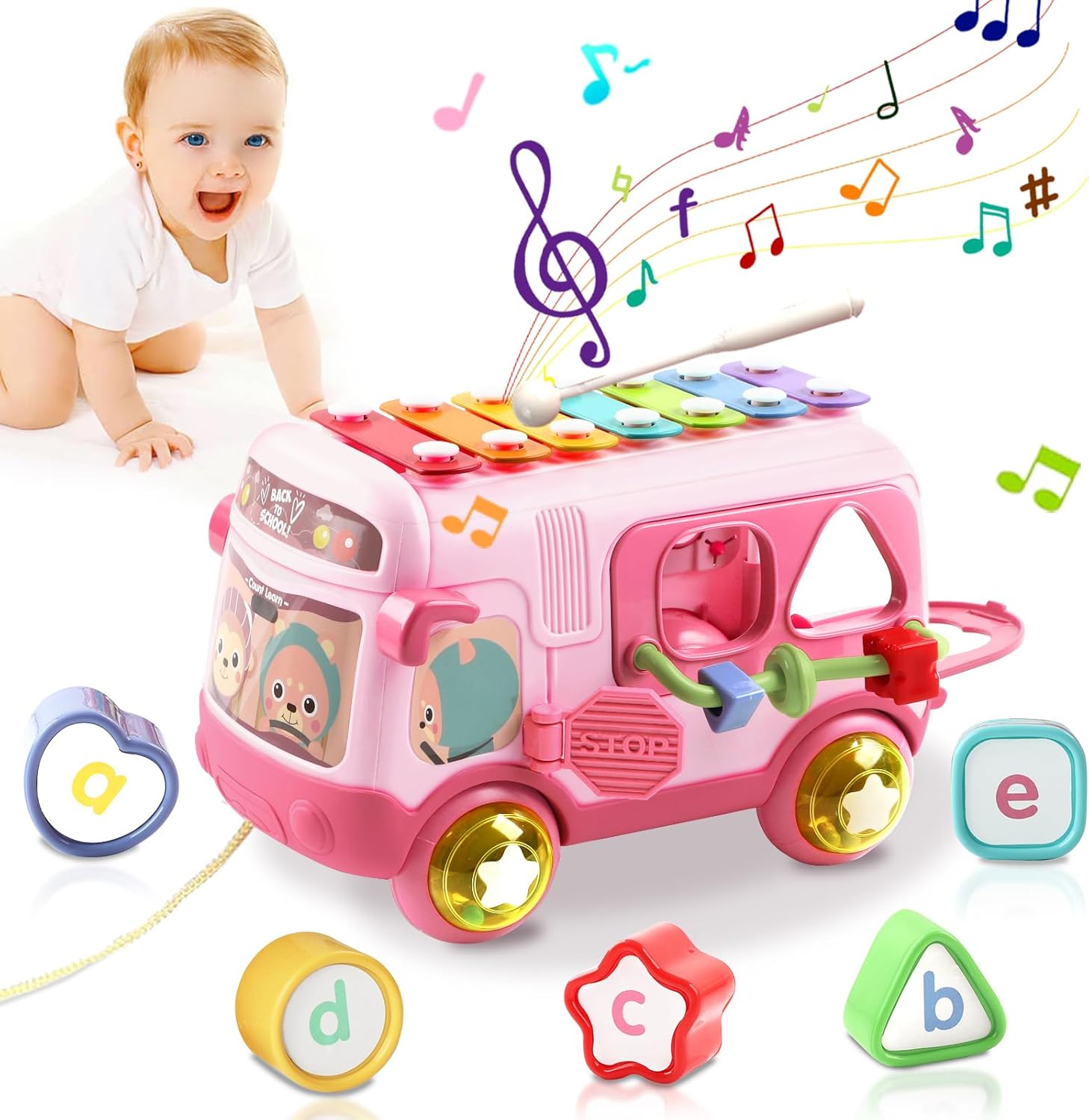 Toys for 1 8+ Months Girls Gift-Birthday Gifts for Girl,Musical Sensory Bus with Xylophone Shape Blocks Pull Along Toy Early Educational Montessori Baby Toys for 1-2 Year Old