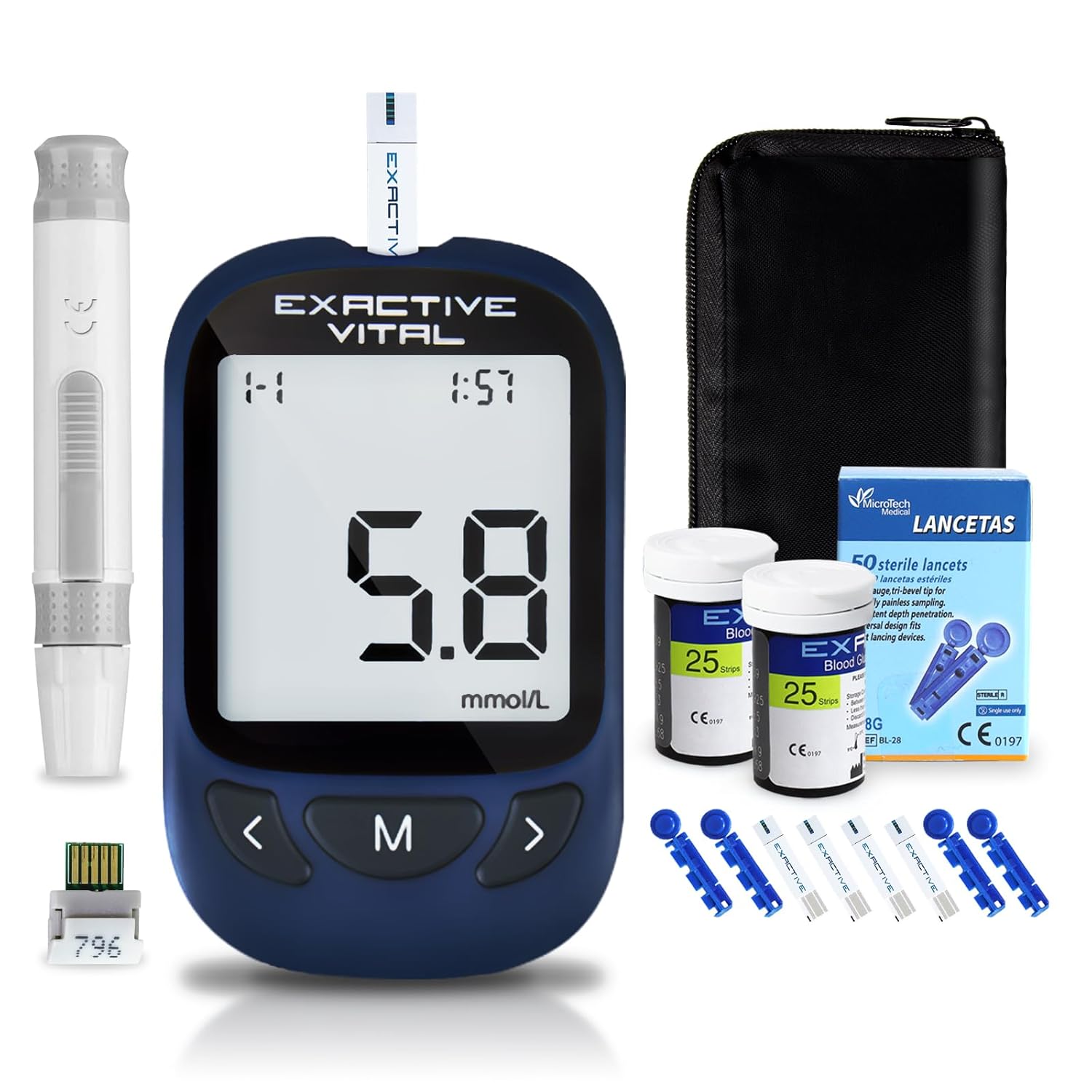 EXACTIVE VITAL Blood Sugar Monitor, Blood Glucose Tester Kits with 50 Test Strips and 50 Lancets -in mmol/L
