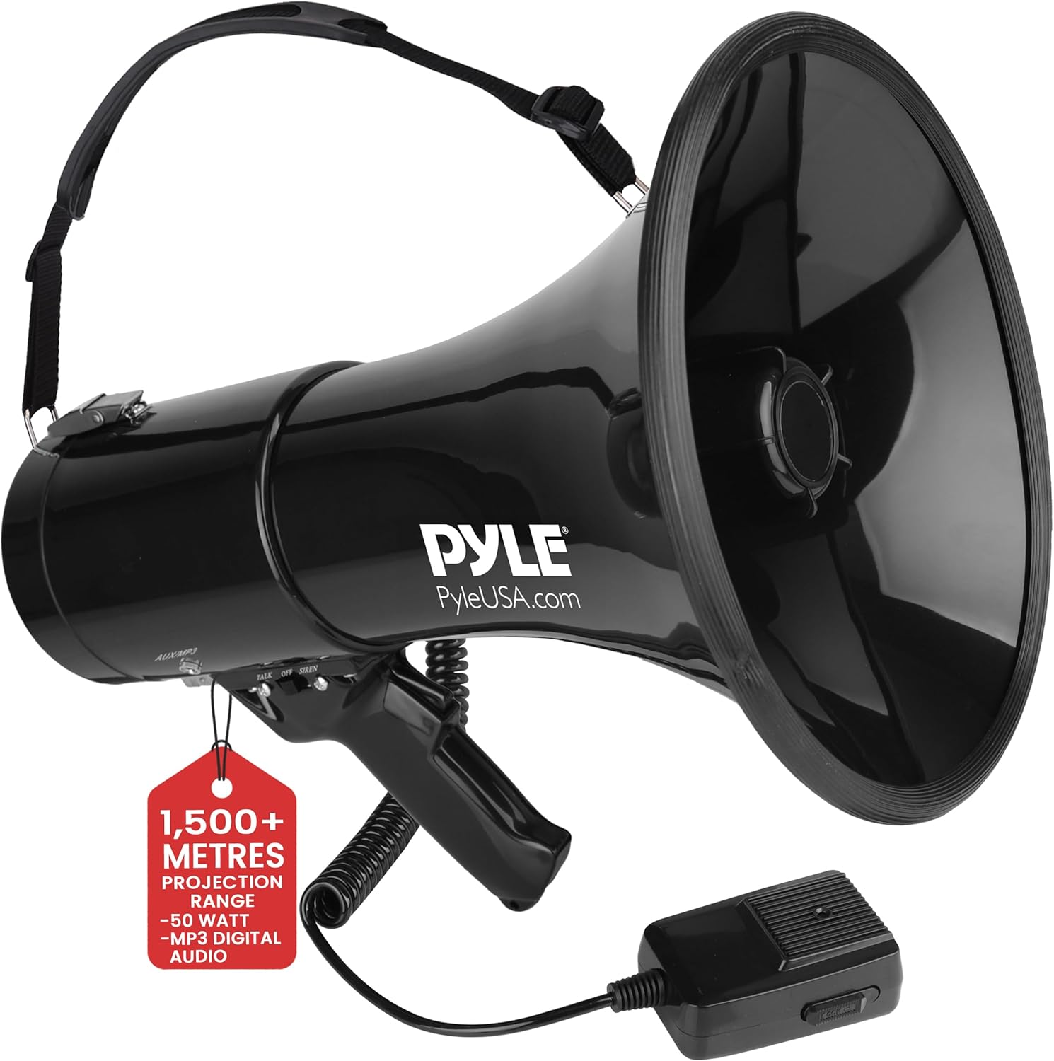 Pyle 50W Megaphone Speaker with Megaphone, Loud Bullhorn Megaphones with Siren & Adjustable Volume