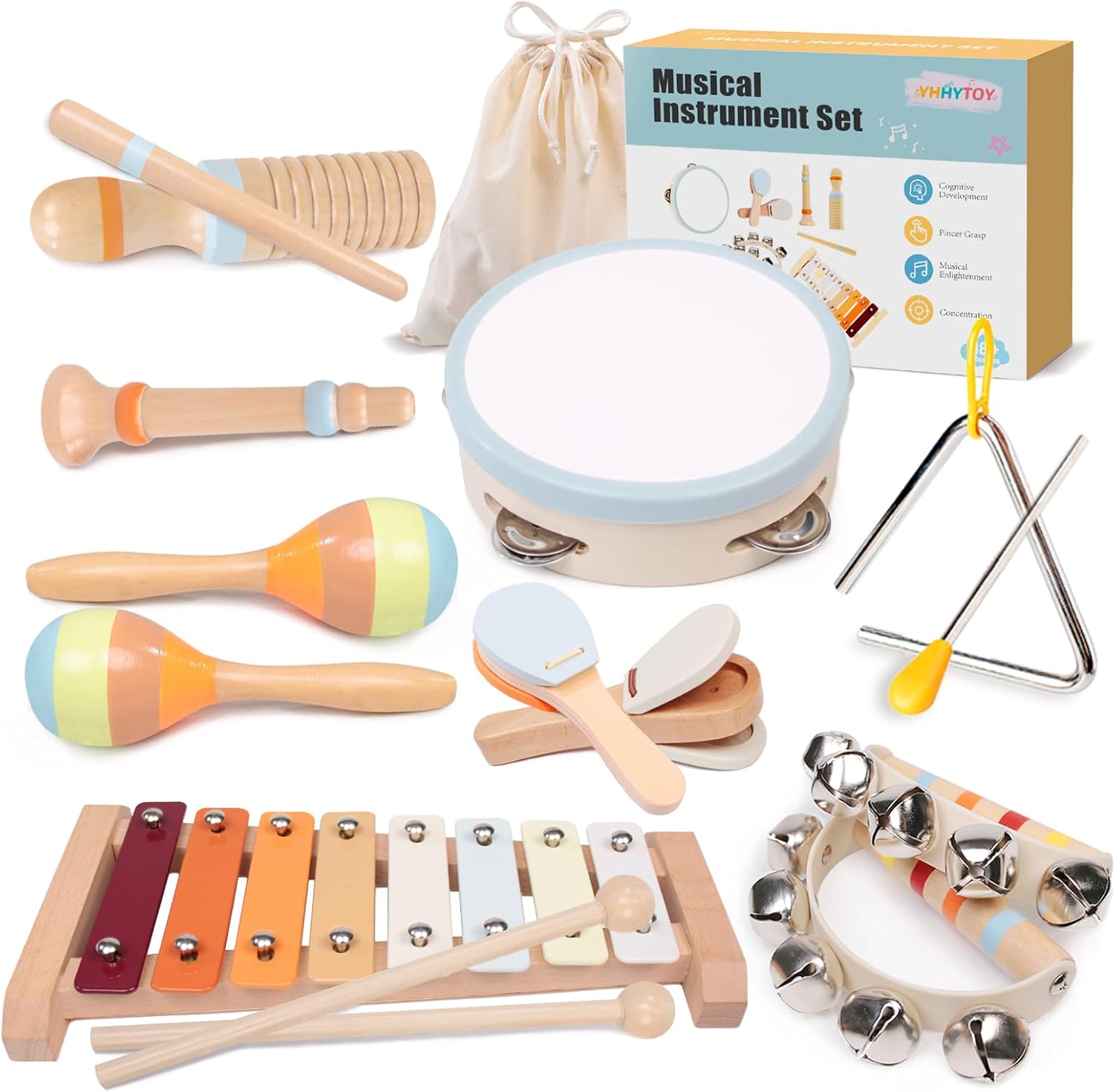 Baby Musical Instruments Set - Montessori Wooden 18 Month Old Baby Musical Toys, Toddler Percussion Instruments Xylophone Maracas Tambourine for Kids, 2 3 4 Year Old Baby Girls Boys Birthday Gifts