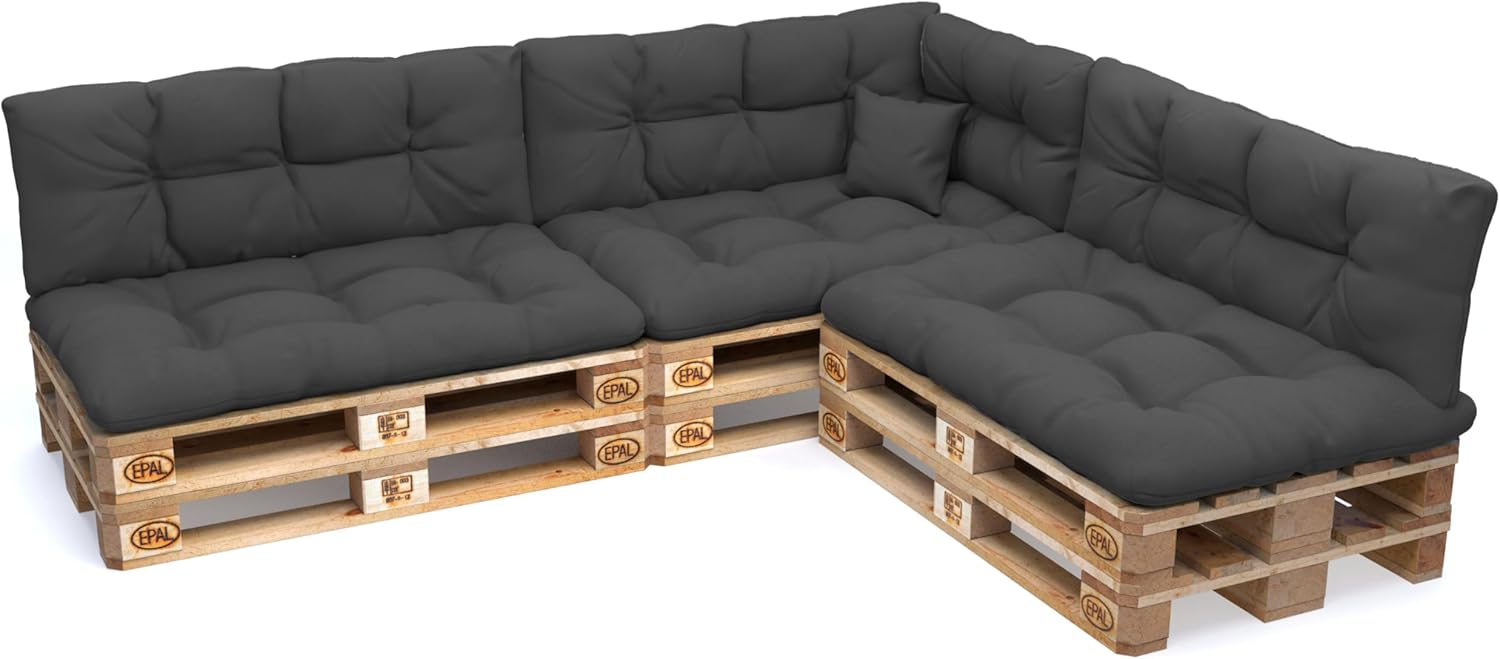 POKAR Euro Pallet Pillows Water-Resistant Cushions Set of 8: 3x 120x80 + 3x 120x40 + 1x 60x40 + 1x 40x40, Cold Foam, Garden Furniture, without Pallets, Anthracite