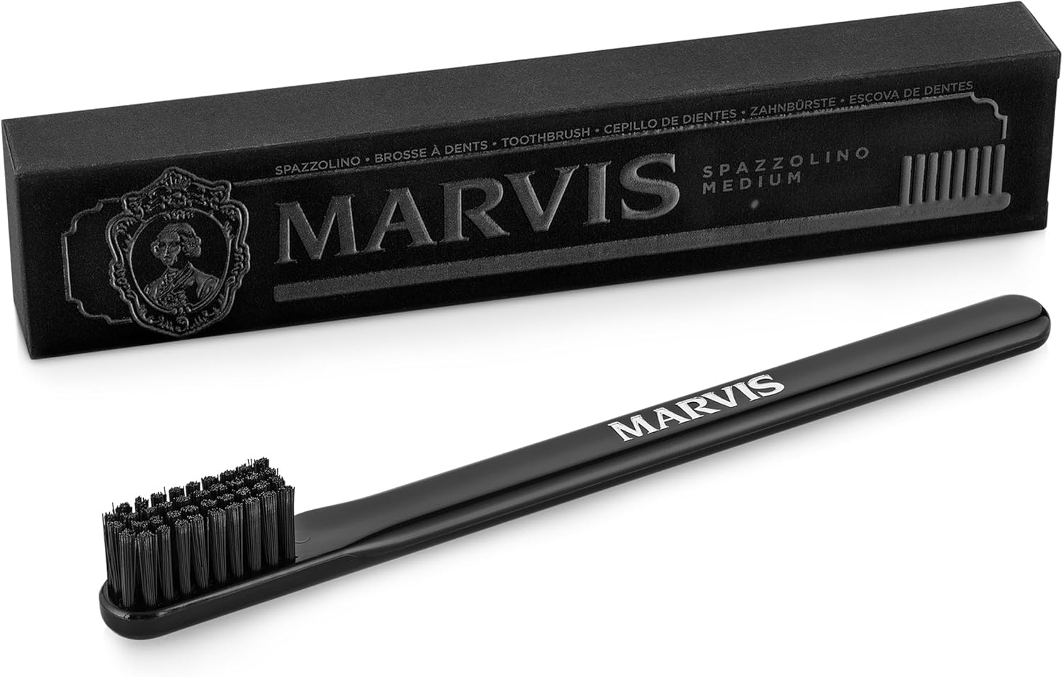 Marvis Toothbrush, Black, Plastic Toothbrush with Clear Travel Toothbrush Head Cover, Effectively Breaks Up Plaque and Tartar