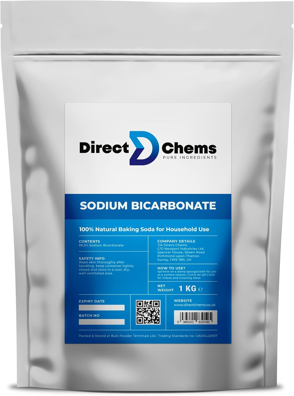 DIRECTCHEMS Sodium Bicarbonate Pure Baking Soda 1KG | Only Natural Product on Market | Resealable Pouch | Cleaning, Gardening | Soil Association Approved | No Aluminium