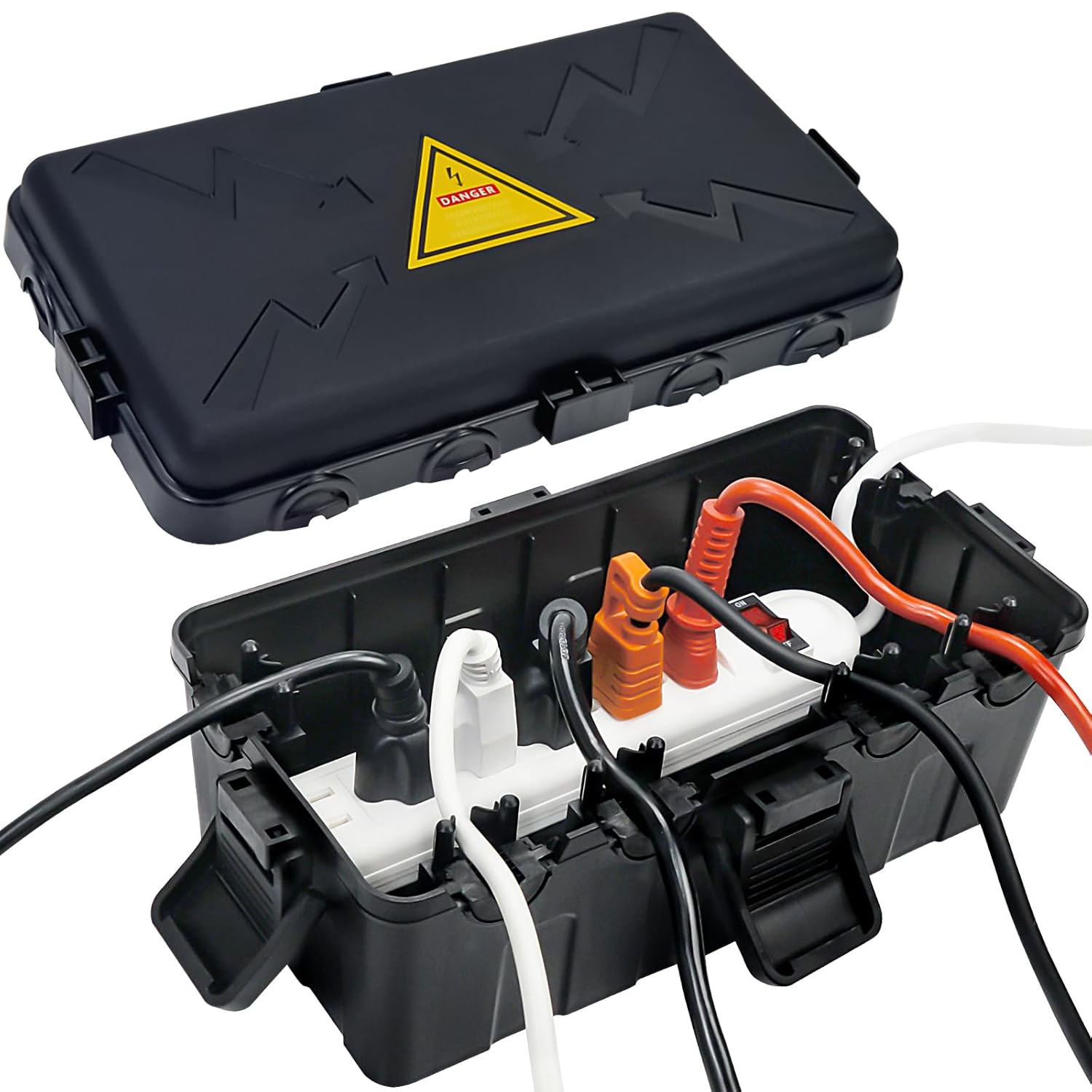 Hrensaw Medium Outdoor Electrical Box(10.6x5.5x4.5in), Weatherproof Connection Box w/6 Cable Entry, IP54 Waterproof Extension Cord Cover Protect Power Strip,Timer,Socket,Plug,Holiday Lights,Black