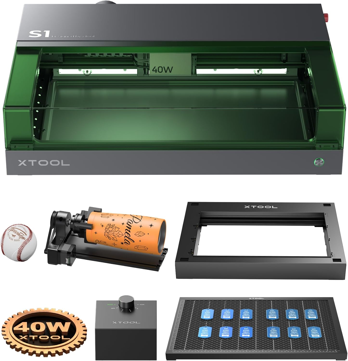 xTool S1 40W Engraver Machine with Riser Base & Honeycomb Working Sheet & Air Assit & RA2 Pro, Enclosed Cutter and Engraving Machine for Wood, Metal, Leather, Acrylic and Glass, Class I Safety
