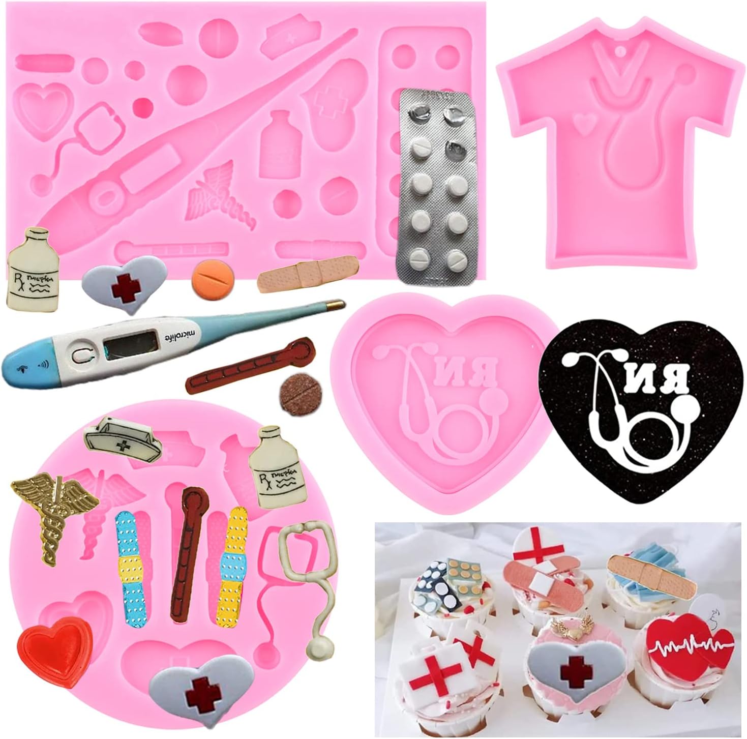 Medical Apparatus Tablet Silicone Molds Stethoscope Nurse Hat Fondant Molds Pill Bottle Bandage Thermometer T-shirt Doctor Chocolate Mold For Cake Decoration Polymer Clay Gum Past Set Of 4