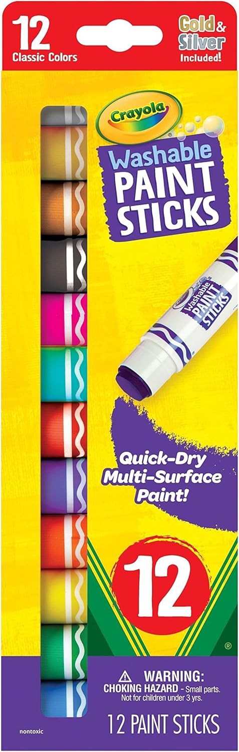 Crayola Quick Dry Paint Sticks (12ct), Washable Paint Set for Kids, Arts & Crafts Supplies, Multi-Surface, Assorted Colors, Kids Gifts
