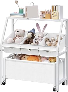 Toy Storage Organizer for Kids, Toddler Toy Storage with Wheeled, Toy Storage Shelf with 3 Storage Bin, for Living Room, Nursery, Playroom, Bedroom, White SCBW16801