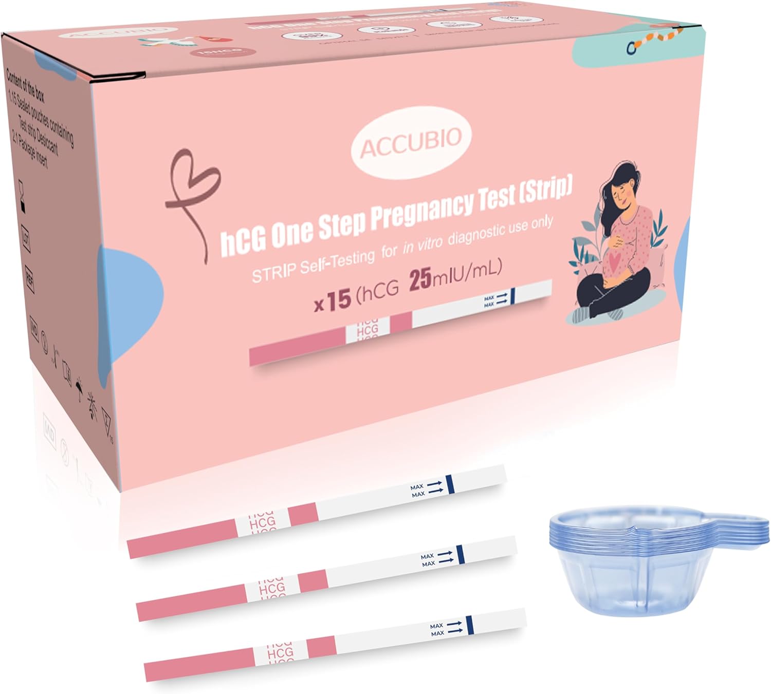 Pregnancy Test Strips with Urine Cups, 15 Count Individually Wrapped hCG Early Detection Home Tests Over 99% Accurate, Rapid Early Detection Pregnancy Test Strip 25mIU/mL