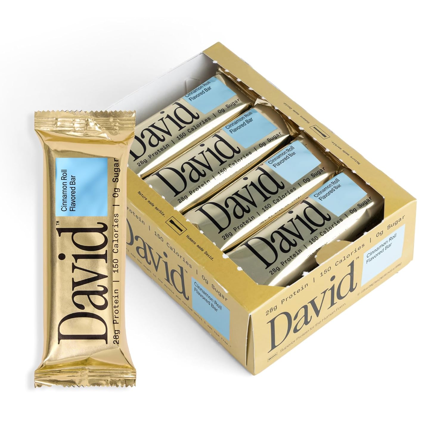 David Protein Bar, Cinnamon Roll, Pack of 12 Protein Bars | 28g of Protein | 150 Calories | 0g of Sugar - High Protein, Low Carb, Gluten Free Protein Bar