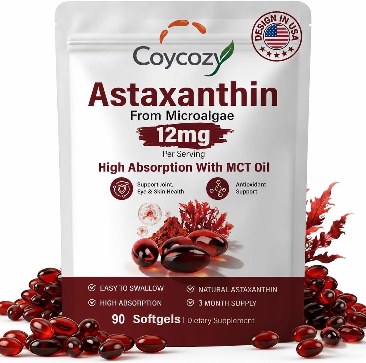 Astaxanthin 12mg Natural 90 Softgels Astaxanthin Supplement Antioxidant Support Eye Skin Joint Health | Internal Circulation,3 Month Supply| Non-GMO,Gluten-Free,No Soy (90 Count (Pack of 1))