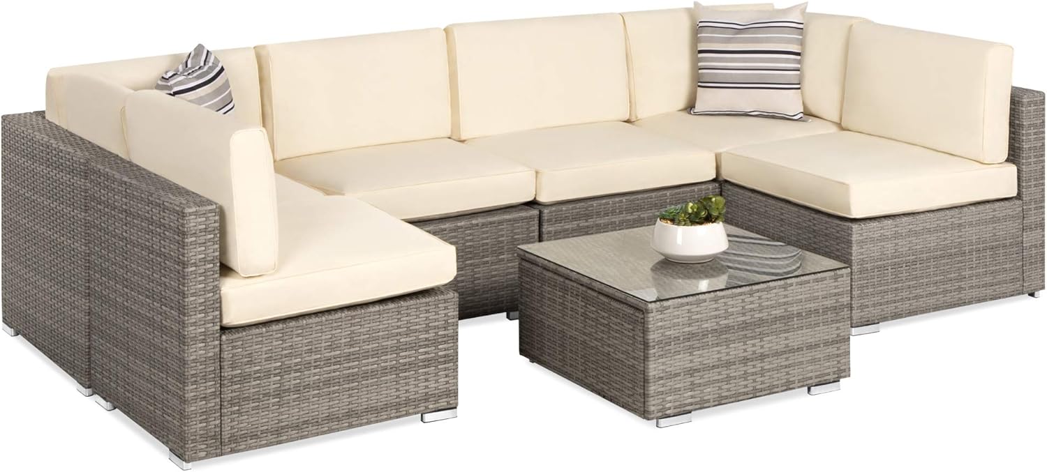 Best Choice Products 7-Piece Modular Outdoor Sectional Wicker Patio Conversation Set w/ 2 Pillows, Coffee Table, Cover Included - Gray/Cream