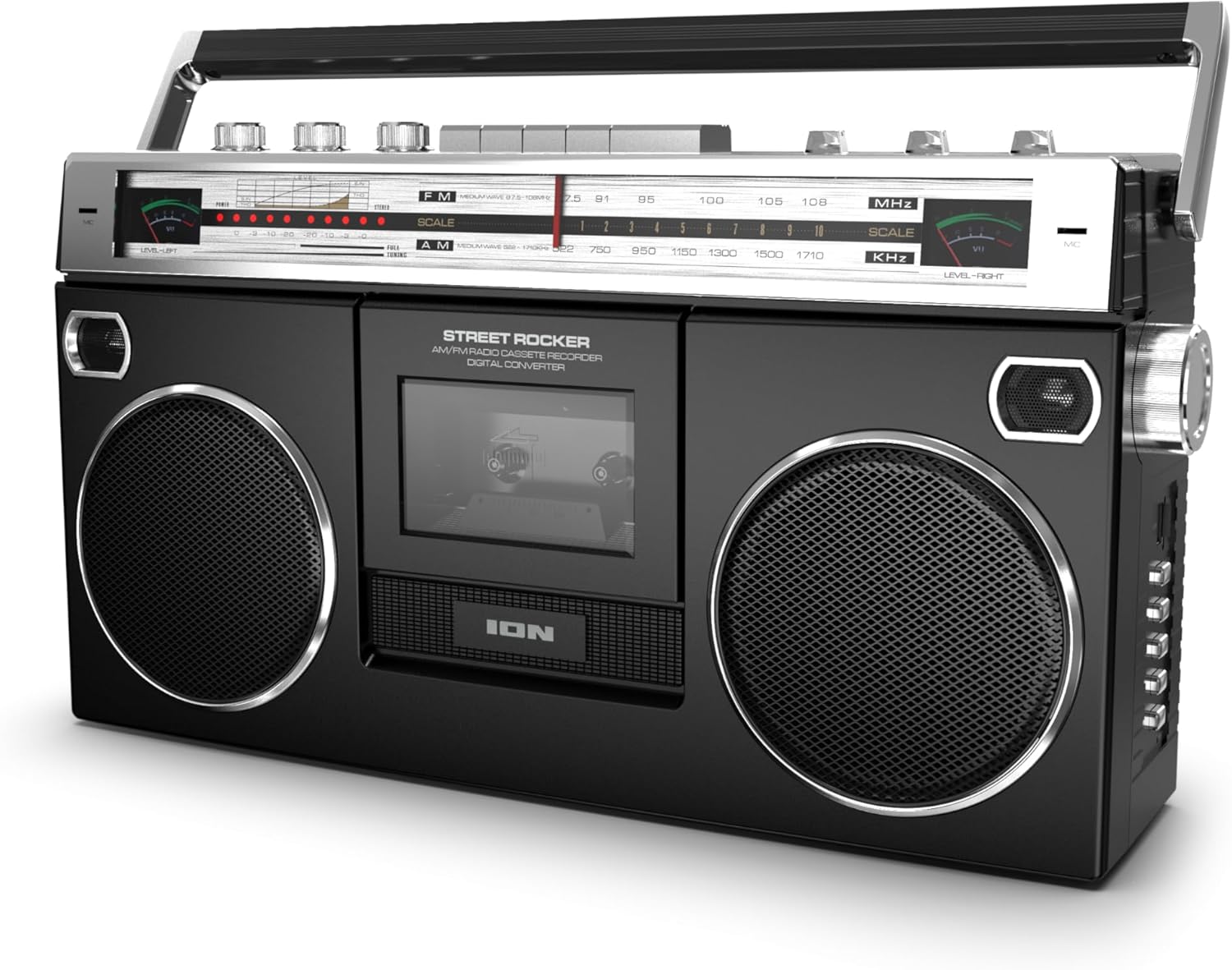 Ion Audio 1980S-Style Portable Bluetooth Boombox AM/FM Radio Cassette Player Recorder, VU Meters, USB Recording, Dual Full-Range High Bass Speakers (Black)