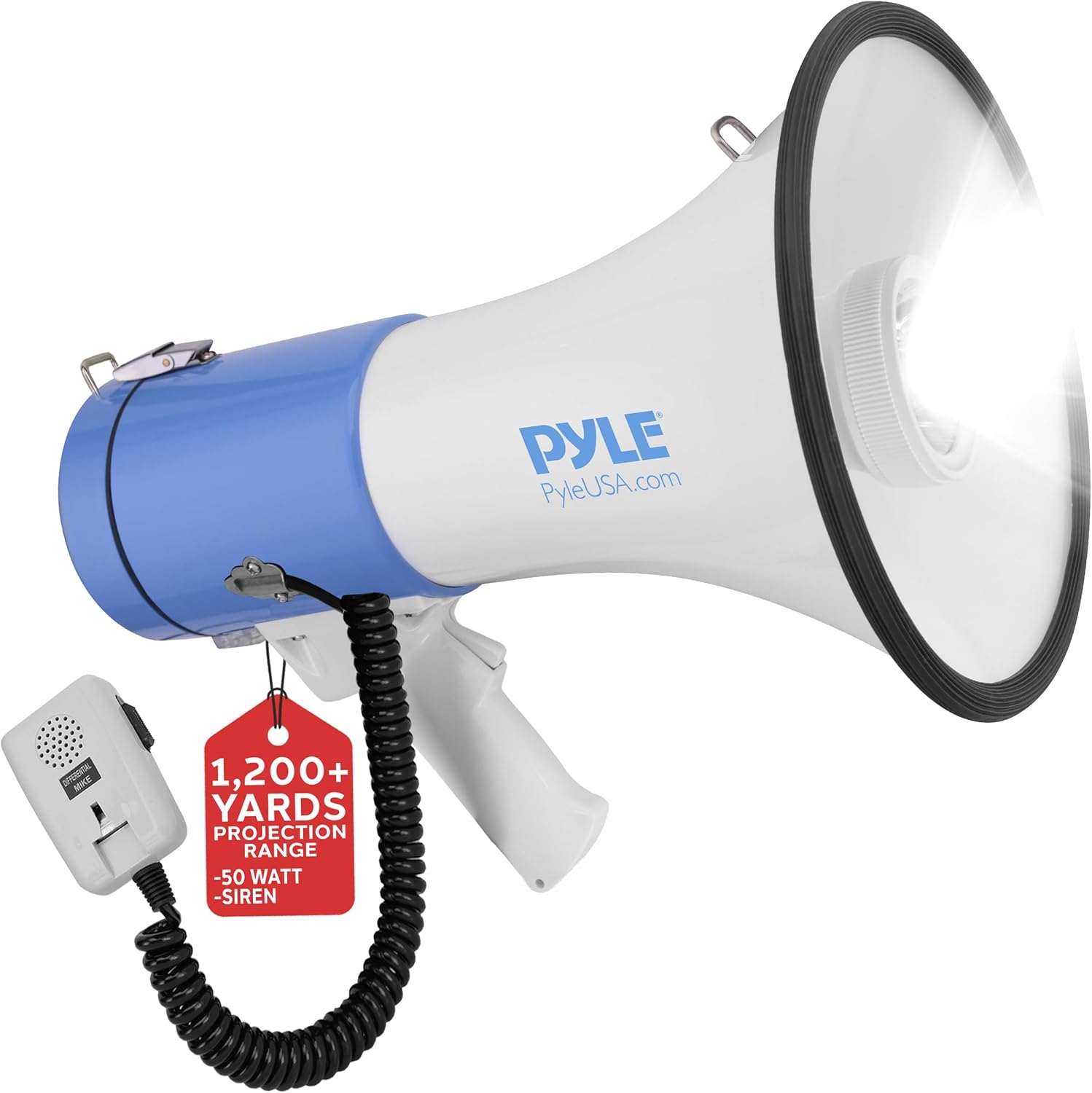 Pyle Compact Portable PA Megaphone Speaker - 50W Handheld Bullhorn with LED Flashlight, Alarm Siren, Adjustable Volume, Detachable Microphone, Battery Powered for Indoor & Outdoor Use