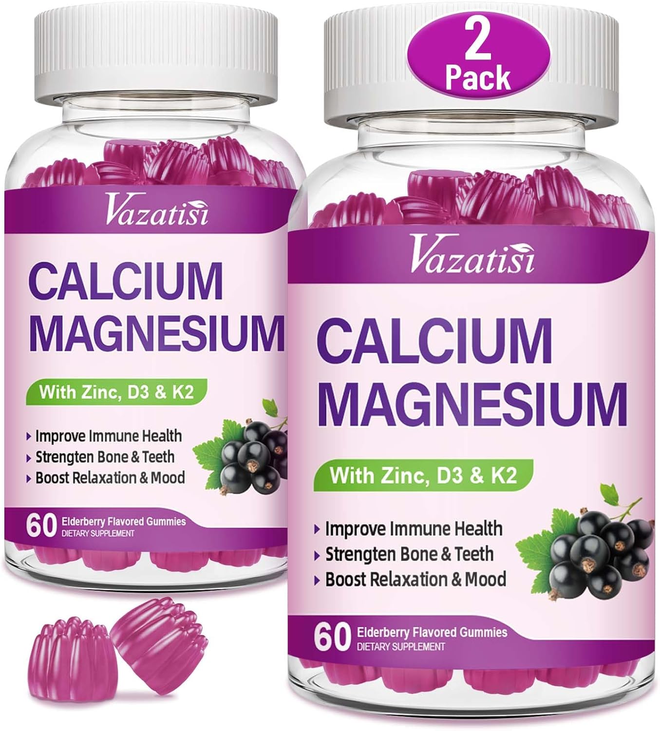 Calcium Magnesium Zinc Gummies with Vitamin D3 and K2, High Absorption Magnesium Glycinate Potassium for Immune and Muscles, Vegan Elderberry Flavor 120 Gummies