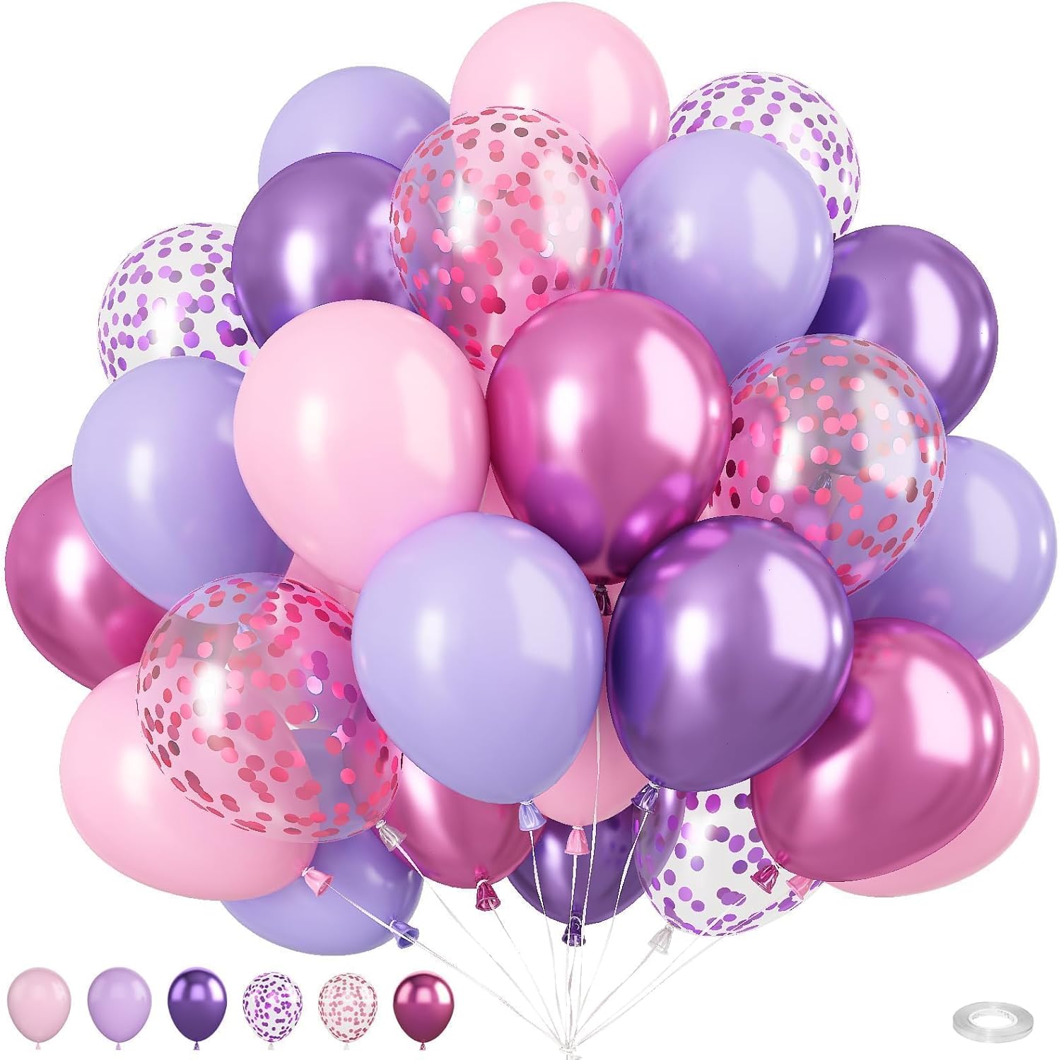 Pink and Purple Balloons, 50PCS 12 Inch Confetti Balloons, Metallic Purple Pink Latex Balloons with Ribbon, Party Balloons for Birthday Shower Wedding Party Decorations