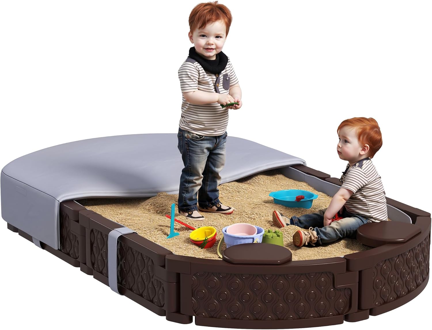 Qaba Kids Sandbox with Cover, Oval 71" HDPE Large Sand Pit with 4 Seats, Waterproof Bottom Liner, Weather Resistant Outdoor Sand Box for Backyard, Lawn, Garden, Beach, Patio, Brown