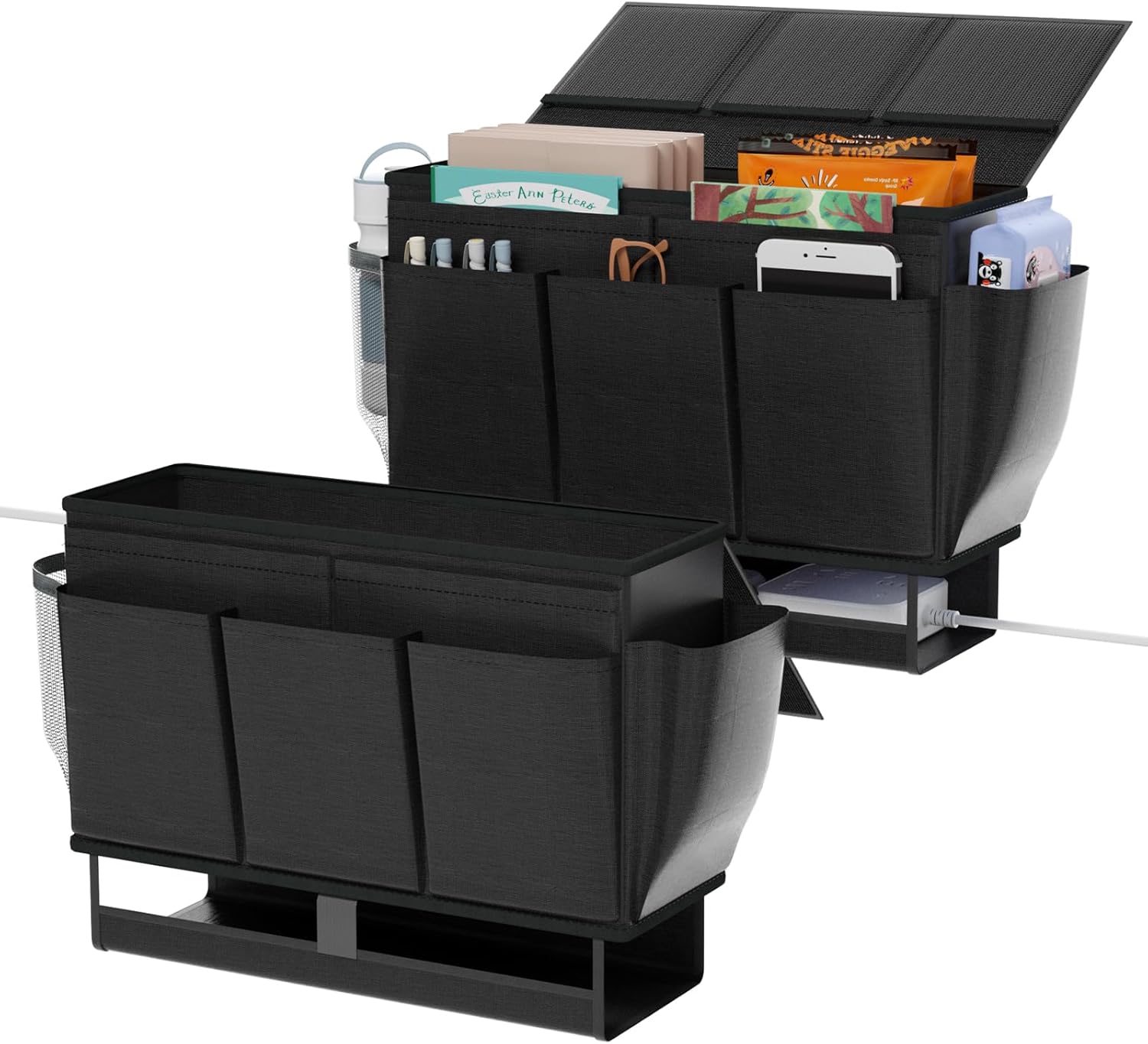 Bedside Caddy, Bed Organizer with 11 Pockets and Power Strip Holder,Versatile Bedside Storage Caddy for Home,Dorm,Bunk,Hospital,Crib Bed (2 Pack Black)