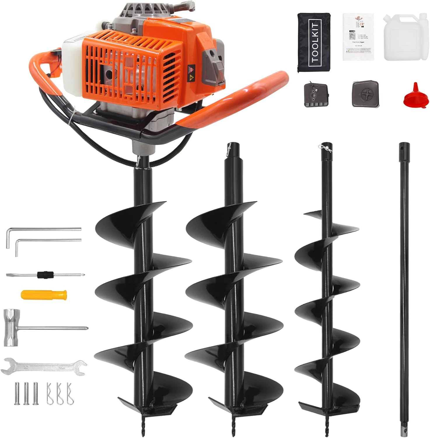 72CC Newly Upgraded Post Hole Digger Gas Powered, 2 Stroke Auger Post Hole Digger with 2 Drill Bits (6" & 8") + 1 Extension Rod for Planting - Ideal for Farm & Garden - Orange (72 CC)