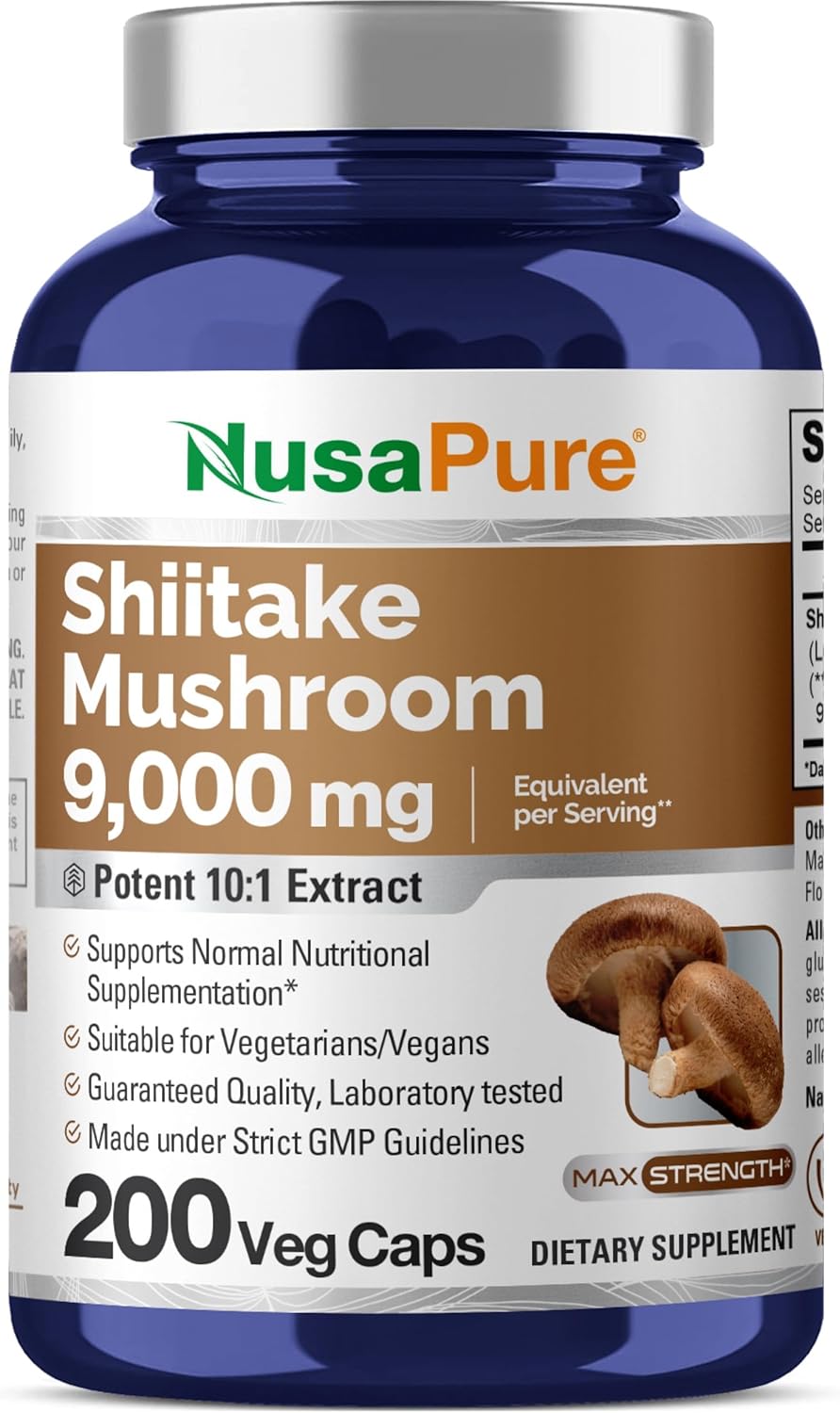 NusaPure Shiitake Mushroom 10:1 Extract, 900 mg Equivalent to 9000mg 200 Veggie Capsules (Non-GMO, Vegan)