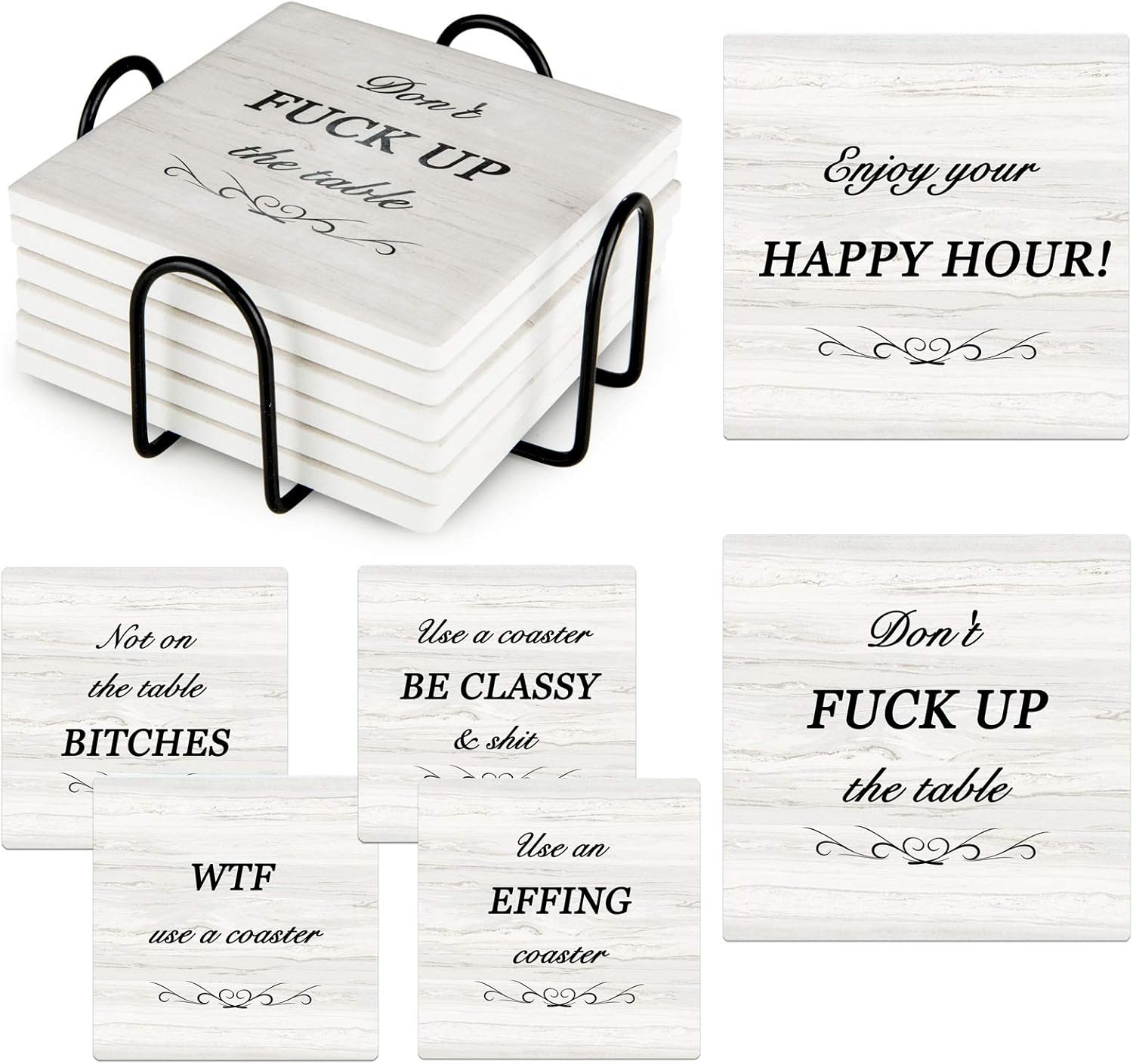 Funny Coasters for Drinks Absorbent with Holder, Coasters Set of 6 Coasters for Wooden Table Housewarming Gift New Home Apartment Kitchen House Decor Gift for Women Men