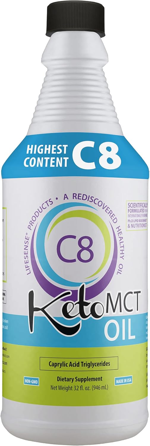 LIFESENSE C8 MCT Oil, Keto-Friendly, Sourced from Coconut Oil, Clinically Proven to Increase Ketone Production, Optimal Fuel for The Brain and Body, Made in USA by PhD Nutrition, 32 oz
