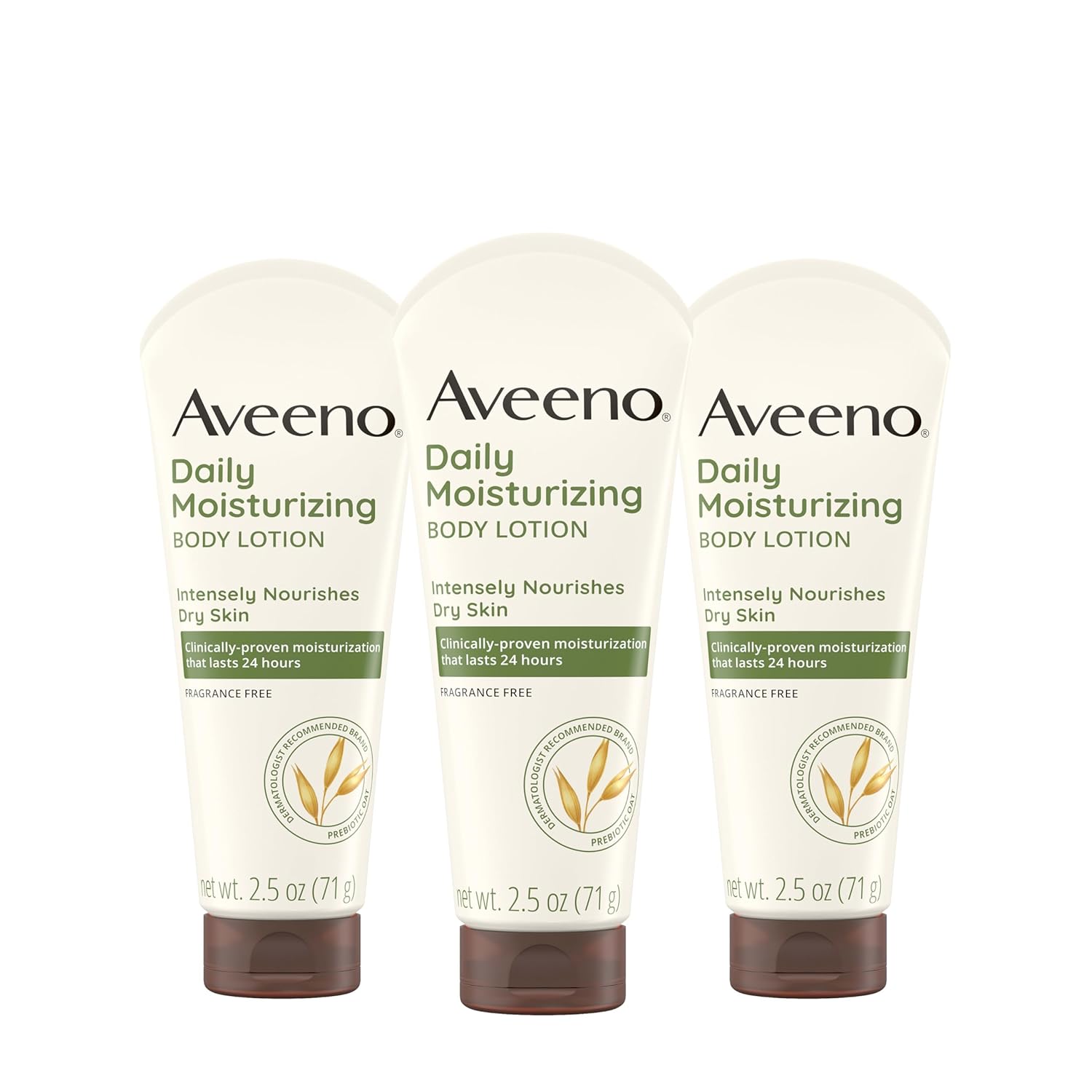 Aveeno Daily Moisturizing Body Lotion, Gentle Lotion Nourishes Dry Skin With Moisture, Soothing Prebiotic Oat, Fragrance-Free, Non-Comedogenic, Travel-Size, Pack of Three, 3 x 2.5 fl. Oz