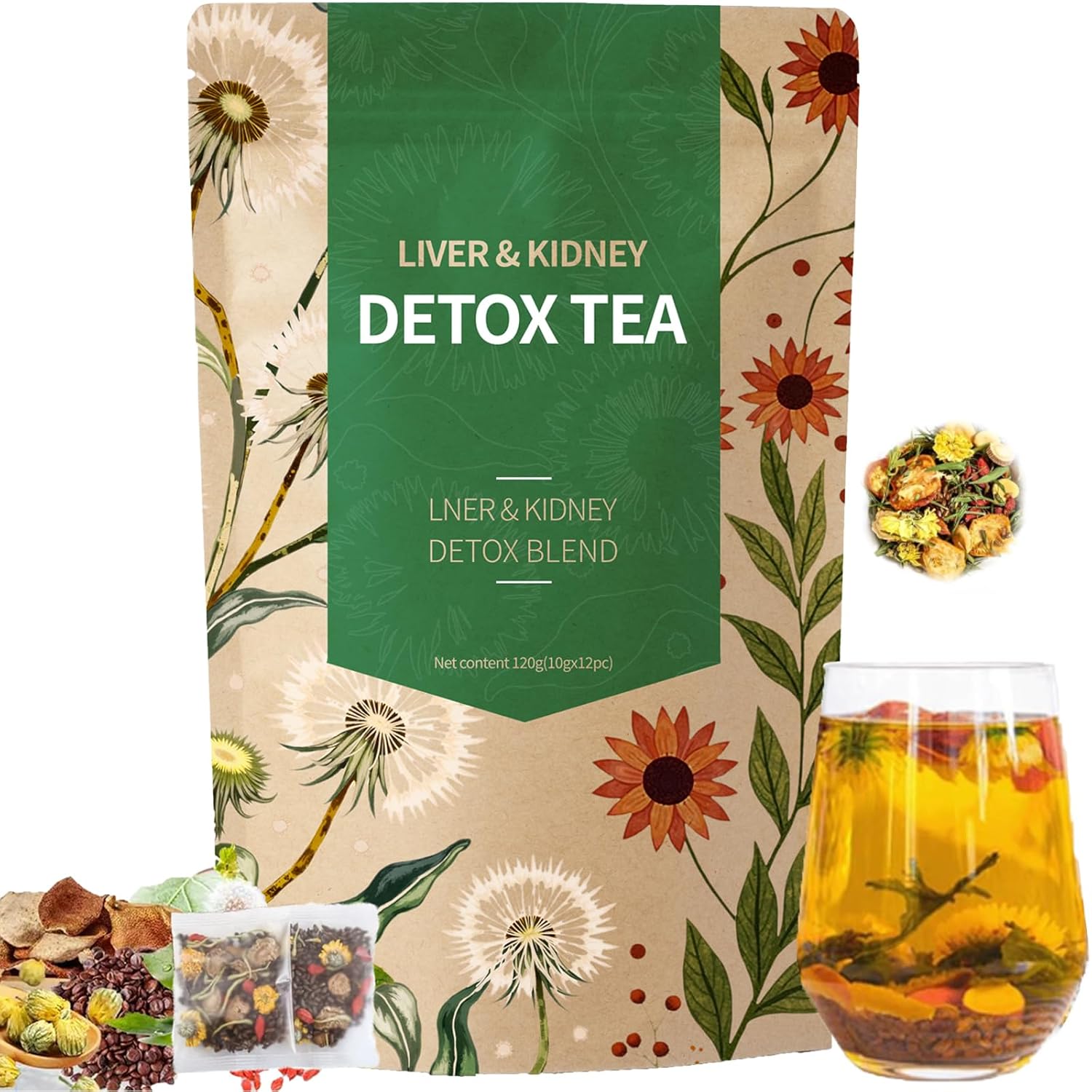 Liver & Kidney Detox Tea - Dandelion Wolfberry Tea, 7 Herbal Ingredients Blend, Goji Berry Chrysanthemum Chinese Chrysanthemunn Cassia Seed Kidney Cleanse (1)