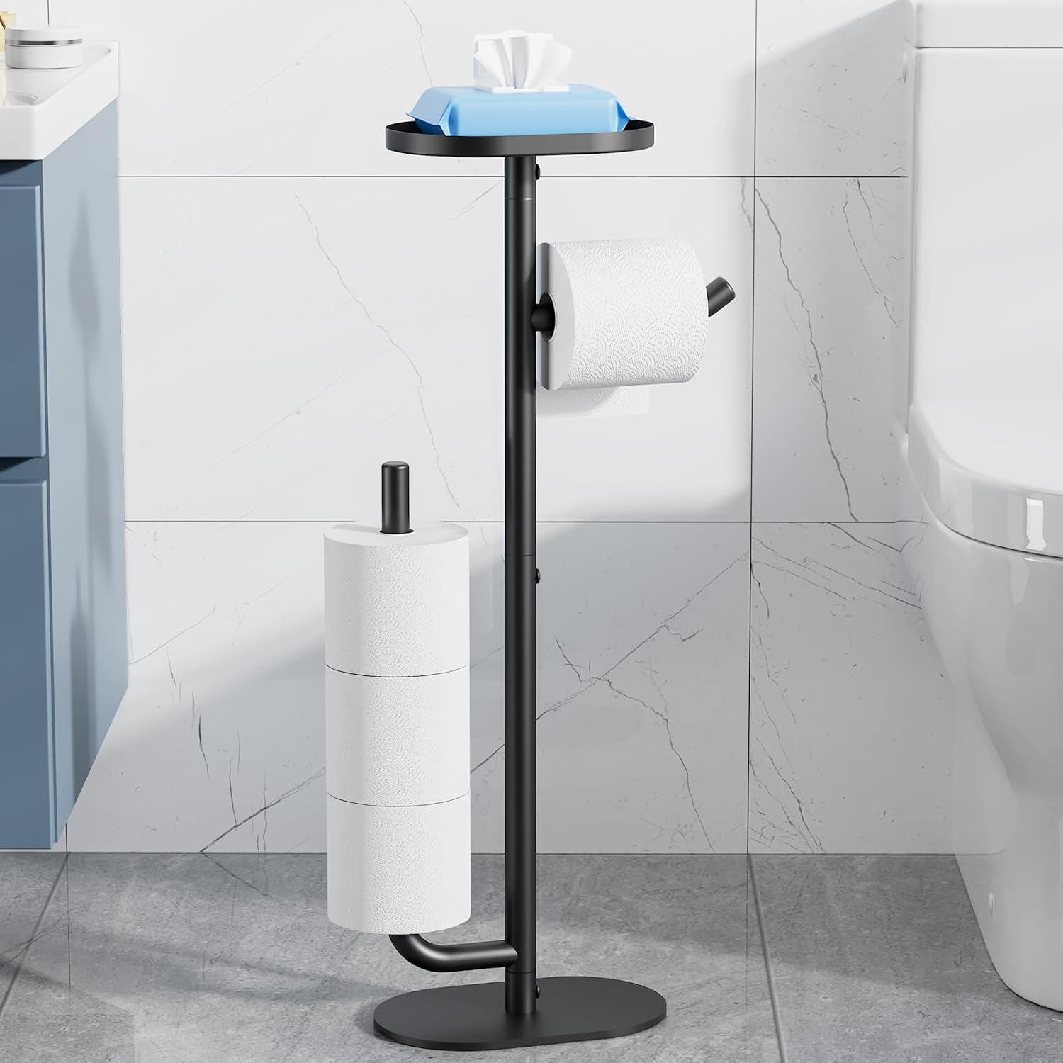 Kitsure Toilet Roll Holder Stand - Free Standing Toilet Paper Holder for 4 Rolls, Rustproof Bathroom Organiser and Storage with Shelf for Phone & Small Items, 23.2 x 14.8 x 70.0 cm, Black