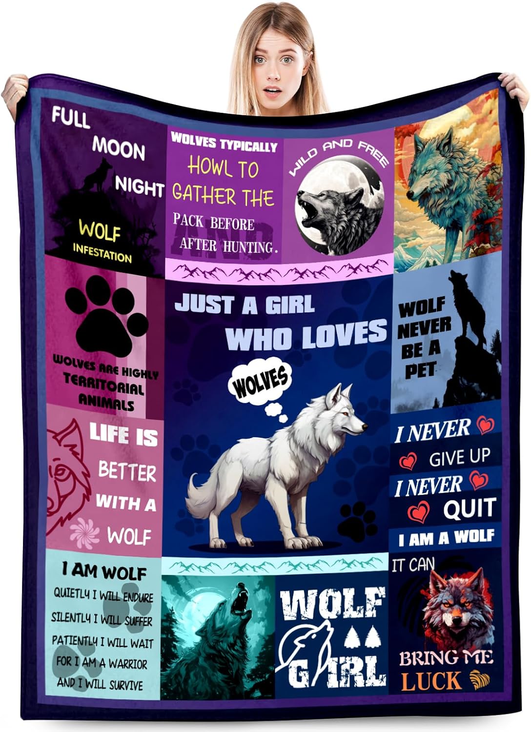 Wolf Blanket,Wolf Gifts for Girls Women,Purple Wolf Sherpa Blanket,Double Layer Fabric Warm Blankets,60" X 50"