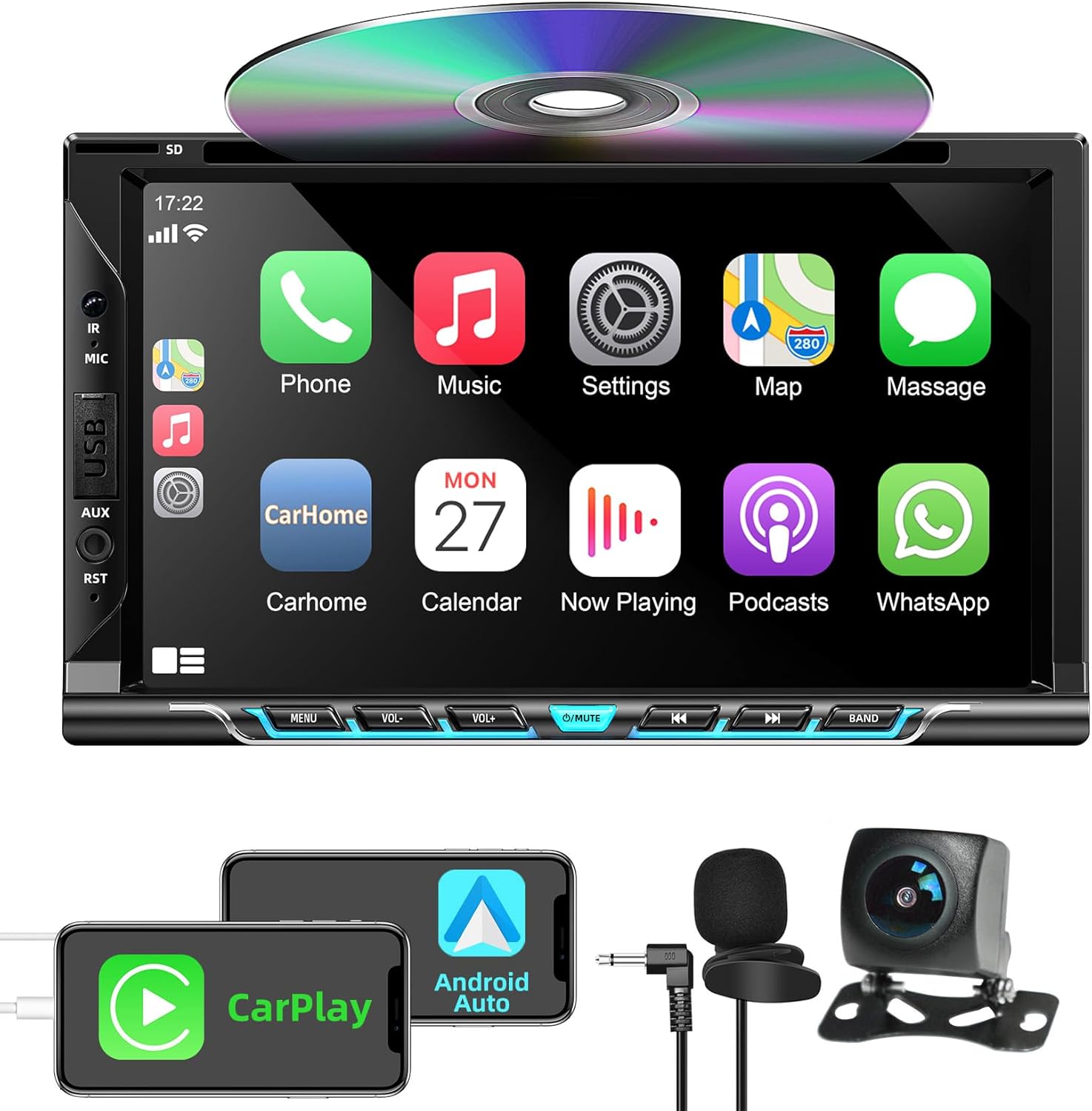 Double Din Car Stereo with Carplay&Android Auto,7 Inch HD Touchscreen Car Radio Support CD DVD Player,Bluetooth,Backup Camera,Mirror Link,SWC,Subwoofer,USB/TF/AUX Input, AM/FM Car Stereo Receiver