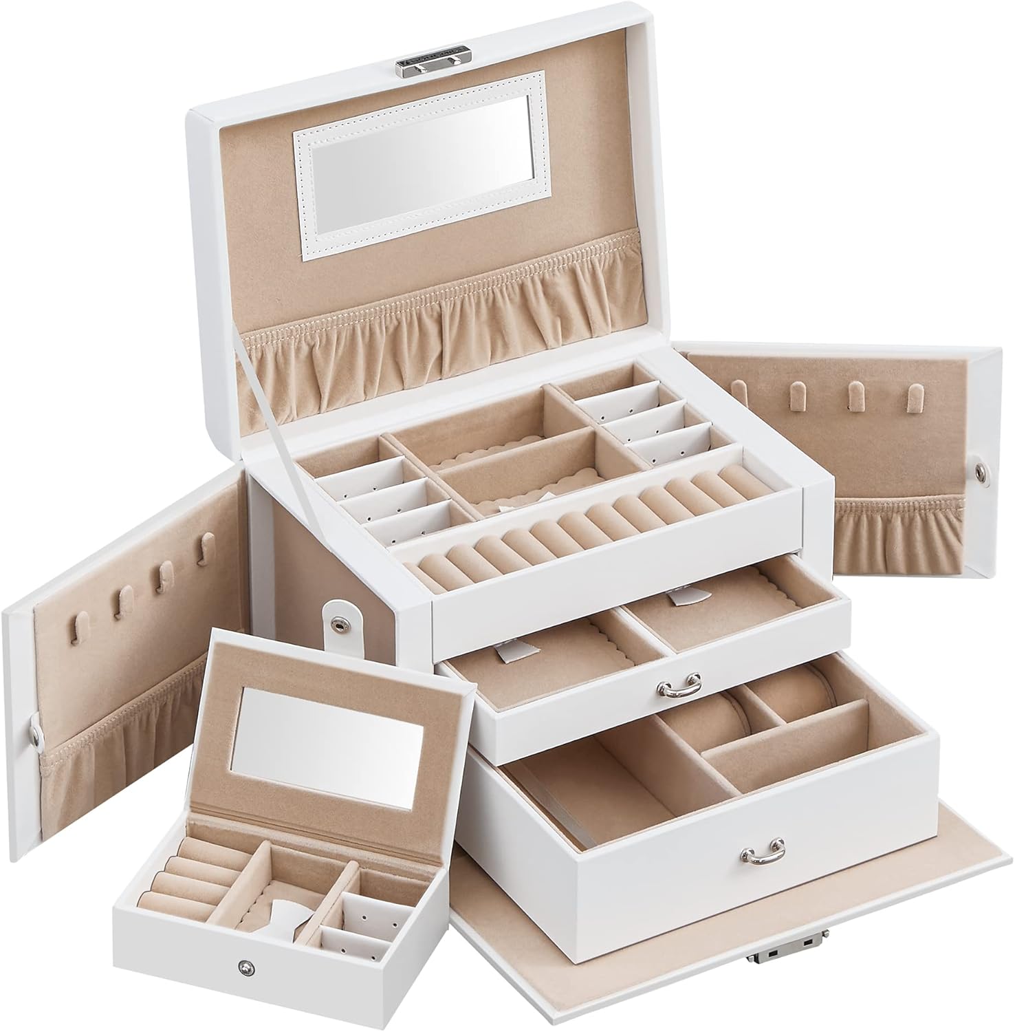 SONGMICS Jewellery Box 3 Layers, Jewellery Organiser with 2 Drawers, Jewellery Case with Portable Travel Case, with Handle, Lockable, Jewellery Storage, Gift for Loved ones, White JBC121W
