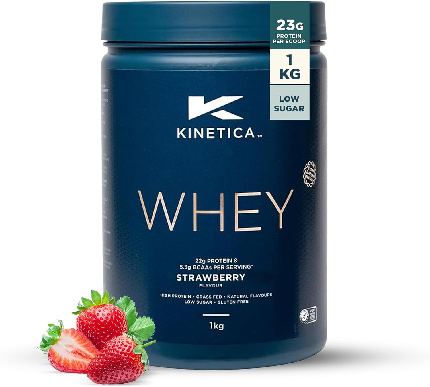 Kinetica Sports Whey Protein Powder - Strawberry Flavour | 23g Protein/Serve, 33 Servings/1Kg Pack | Gluten Free Supplement | Optimum for Muscle Growth & Recovery |Mixes Well with Water, Milk & Shakes