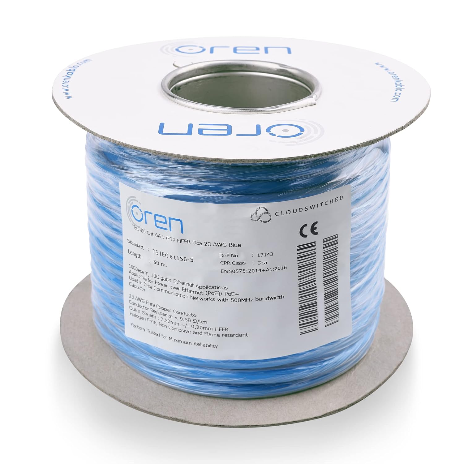 Oren CAT6A Ethernet Cable - 50m, 23 AWG Pure Copper Wire - 500 MHz Bandwidth, U/FTP, 10GbE High Speed