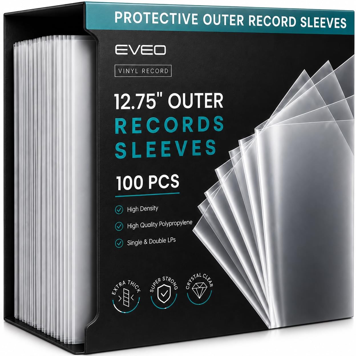 EVEO 100 Vinyl Record Sleeves Outer – Crystal Clear Outer Vinyl Sleeves LP Album Covers 12.75"x12.75" | Perfect Fit Protective 3 Mil Protection for Single & Double LPs - Archival Quality