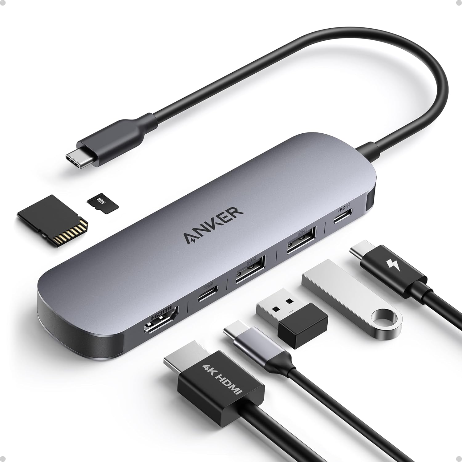 Anker USB C Hub, 7-in-1 Multi-Port USB Adapter for Laptops, 4K@60Hz USB C to HDMI Splitter, 100W Max Power Delivery, 3xUSBA & C 3.0 Data Ports, SD/TF Card, for Type C Devices (Charger Not Included)