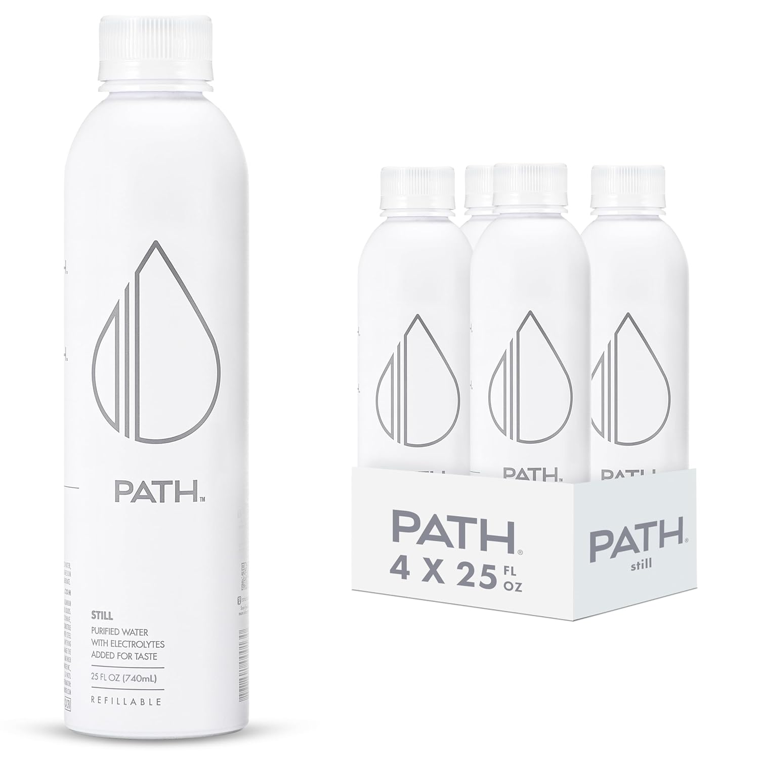 Path Still Bottled Water - Ultra-Purified, pH-Balanced Purified Water in Aluminum Bottle - BPA-Free, Reusable, Infinitely Recyclable - Crisp, Refreshing Taste 25 fl oz (Pack of 4)
