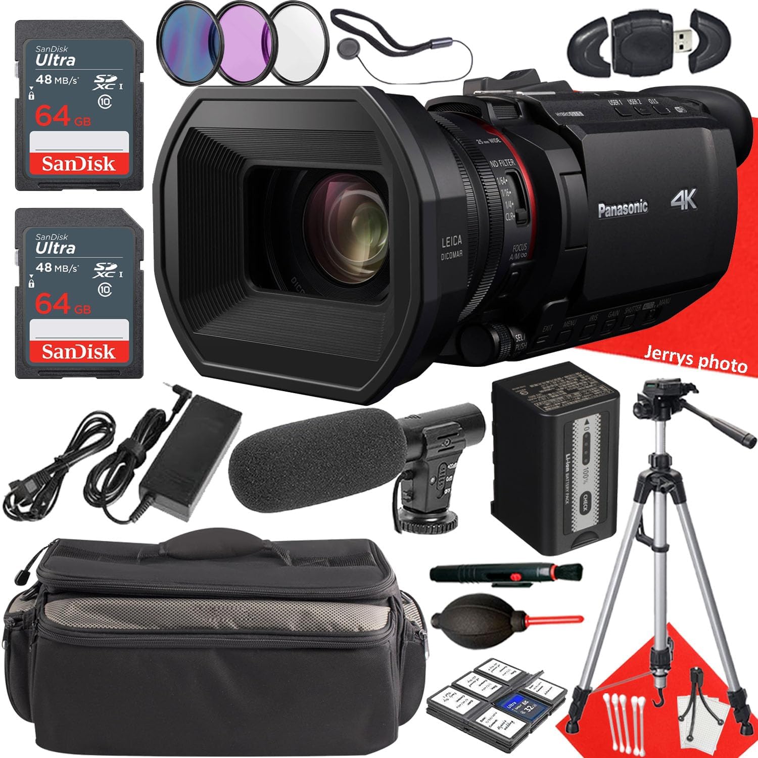 Panasonic HC-X1500 UHD 4K HDMI Pro Camcorder + 2PC 64 GB Memory + Shotgun Video Microphone + Filters + Tripod + More (21pc Bundle), Black