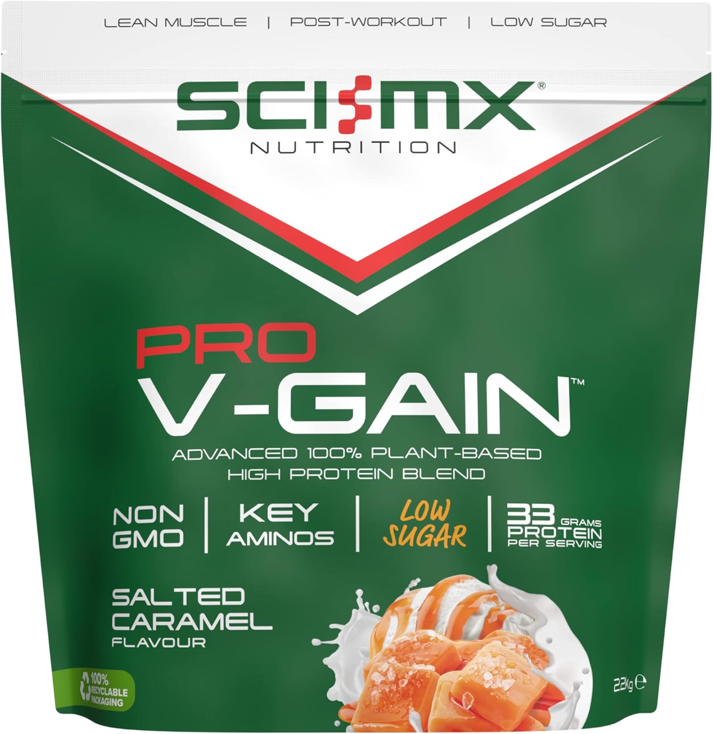 SCI-MX Pro-V Gain - 100% Vegan Salted Caramel Flavour Soy Protein Powder Isolate + B12 + Magnesium - Muscle Growth & Maintenance - Low Sugar, Non-GMO - 2.2KG (49 servings) 33g of protein per serving
