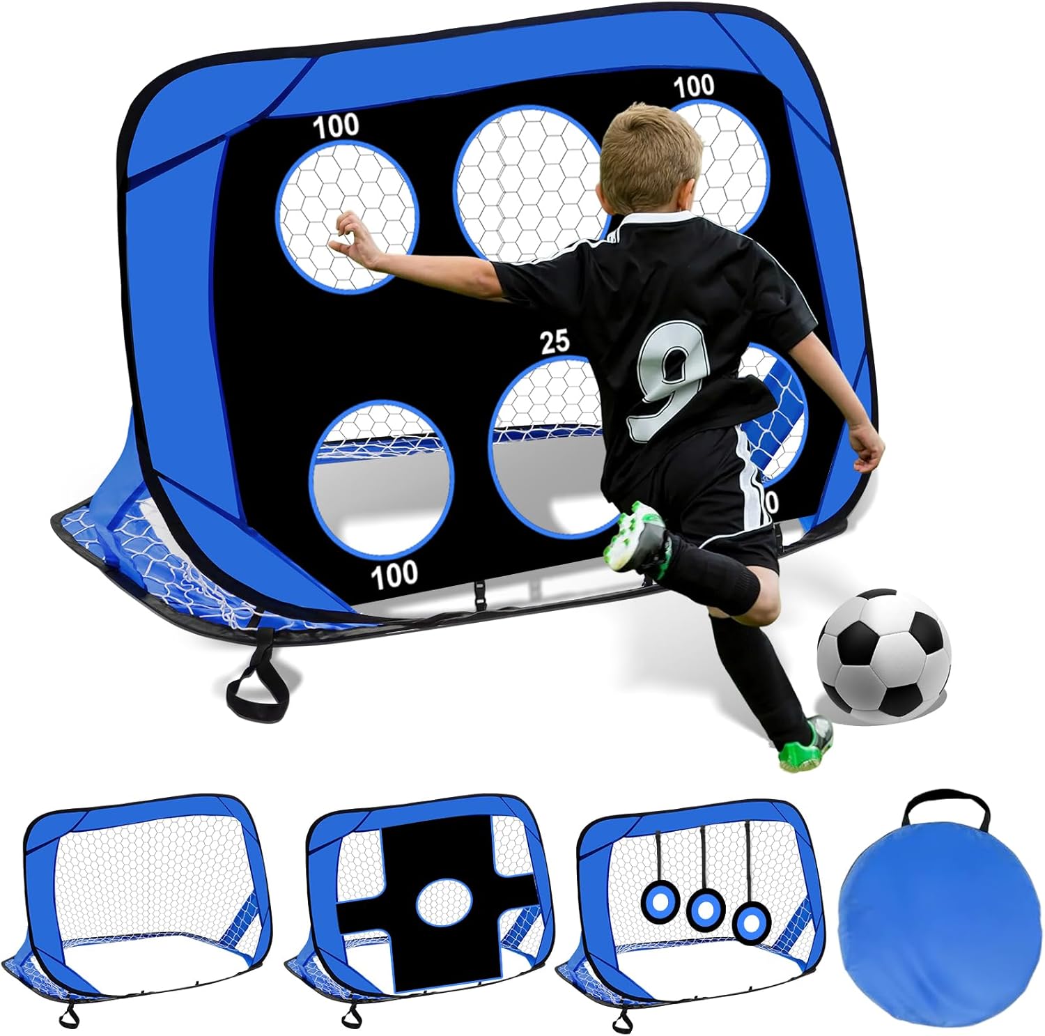 Suewidfay Football Goals for Kids, 4 in 1 Foldable Pop Up Football Goals with Carry Bag Portable Football Net Indoor Outdoor Football Gift for Boys