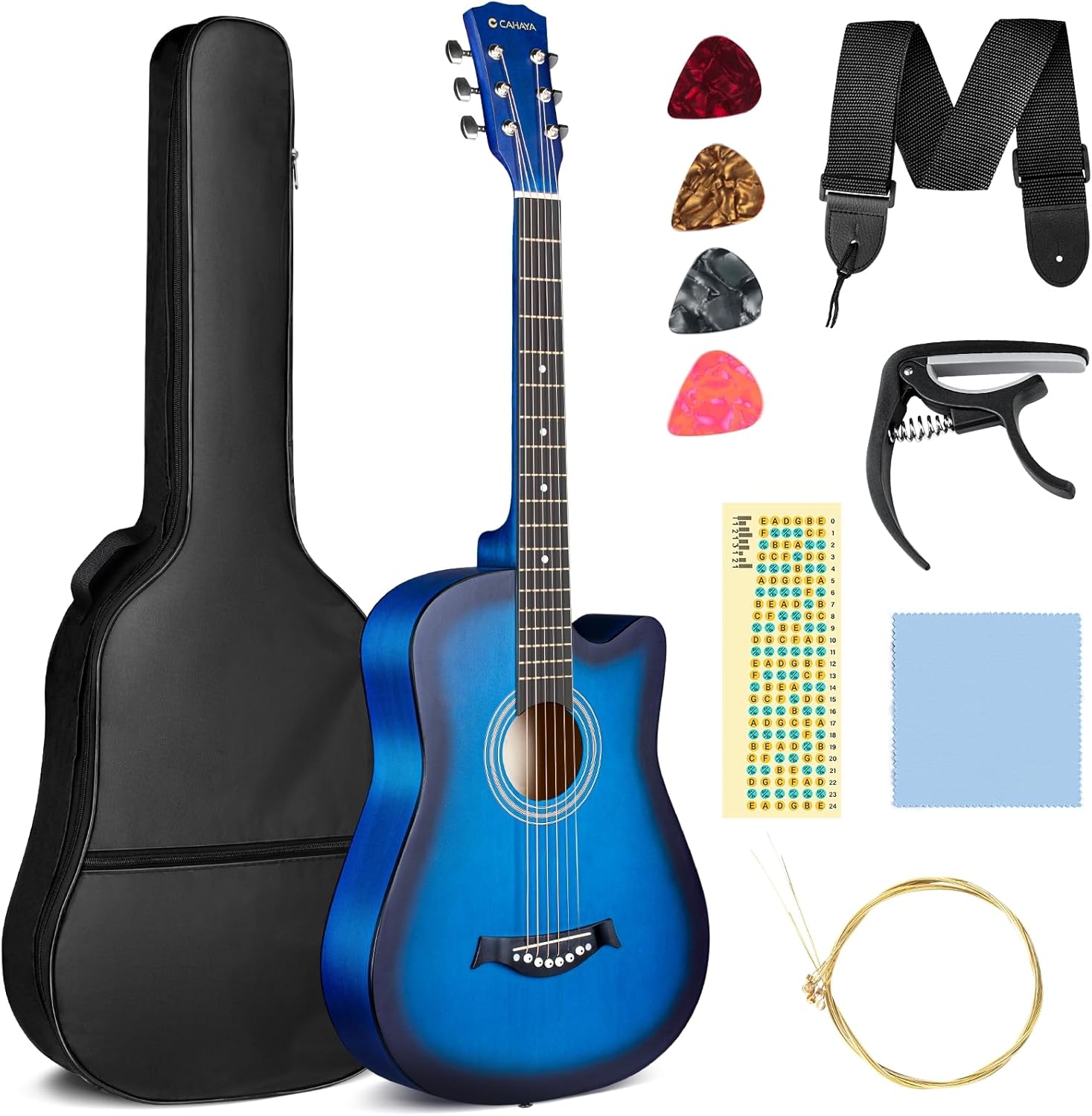 CAHAYA Full Size Acoustic Guitar 38 Inch Kit with Spare Strings, Bag, Strap, Picks, Capo, Stickers Blue, Model CY0354