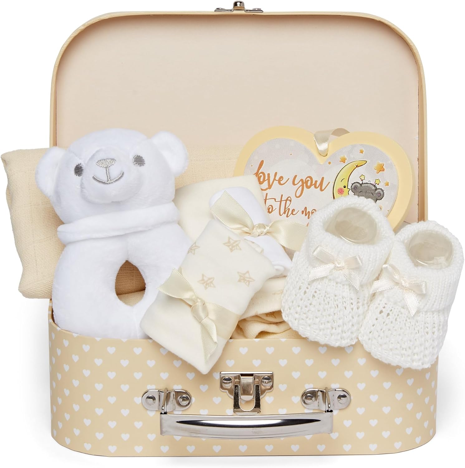 Baby Box Shop - 7 Newborn Baby Gifts Perfect for Gender Reveal Gifts & Baby Shower Gifts - Includes Baby Essentials for Newborn Unisex with Baby Rattle in Cute Keepsake Case, Baby Gift Hamper