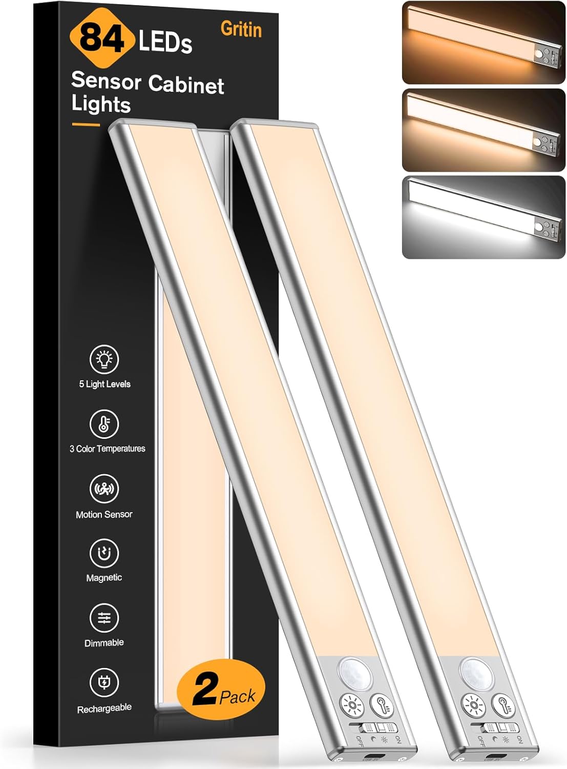 Gritin 10.2inch Under Cabinet Lighting Rechargeable -84 LED Super Bright,3-Color& 5 Level Brightness,4 Modes,Motion Sensor,Long Lasting- Easy Installation Magnetic Under Cabinet Closet Lights -2 Pack